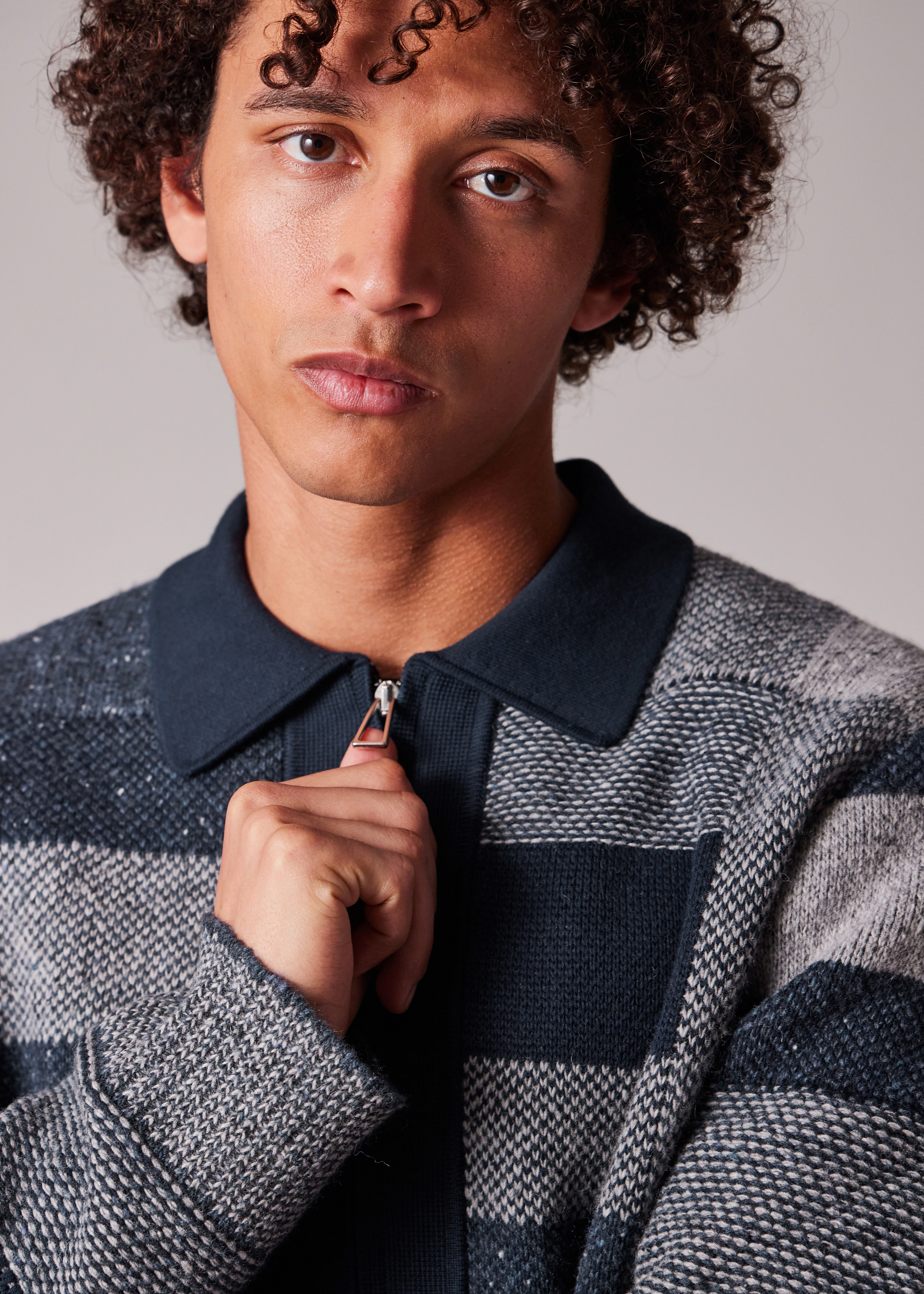 Men's Navy Tonal Patchwork Zip-Through Cardigan