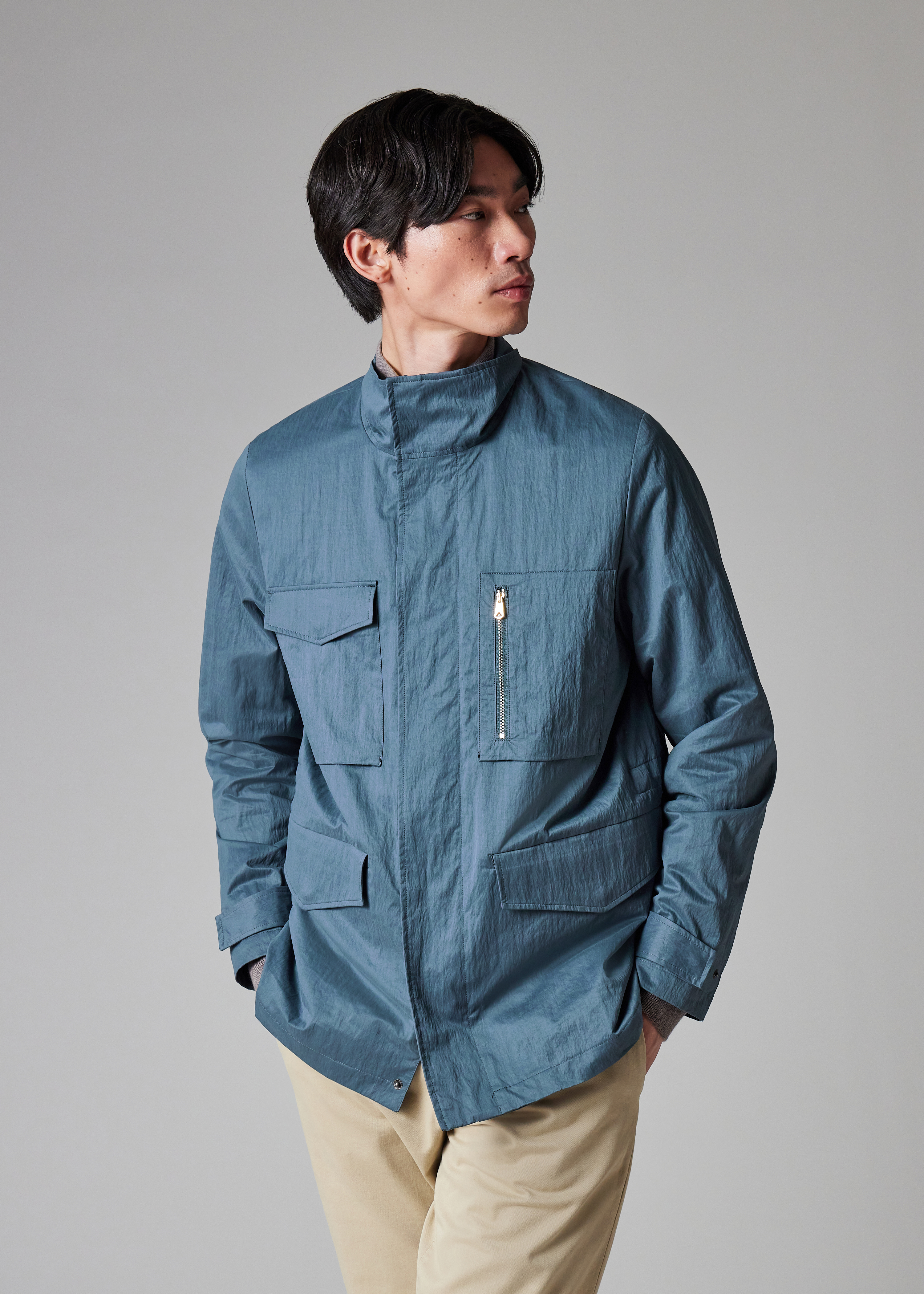 Light Blue Peached Nylon-Blend Field Jacket