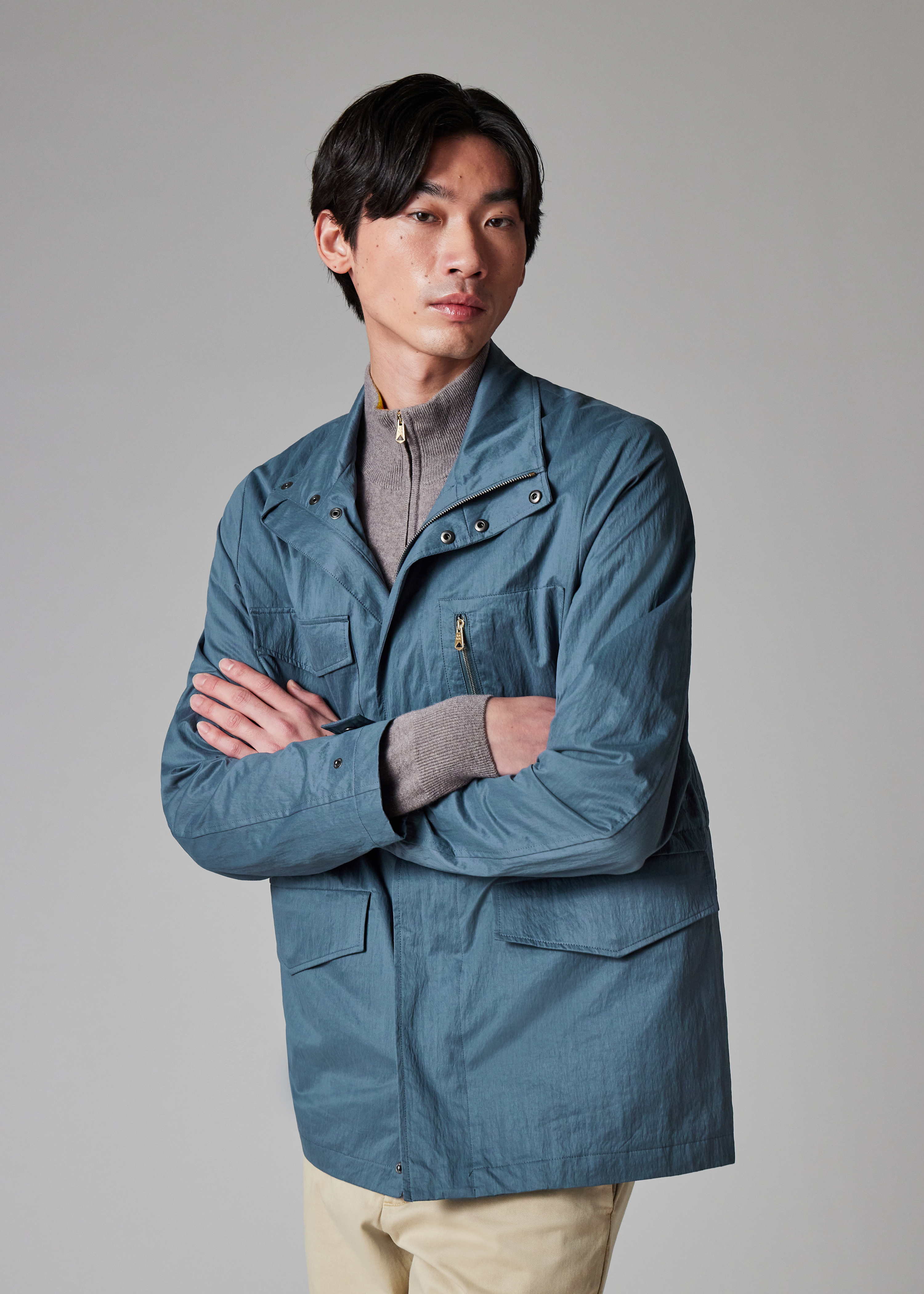 Men's Light Blue Nylon-Blend Water Resistant Field Jacket