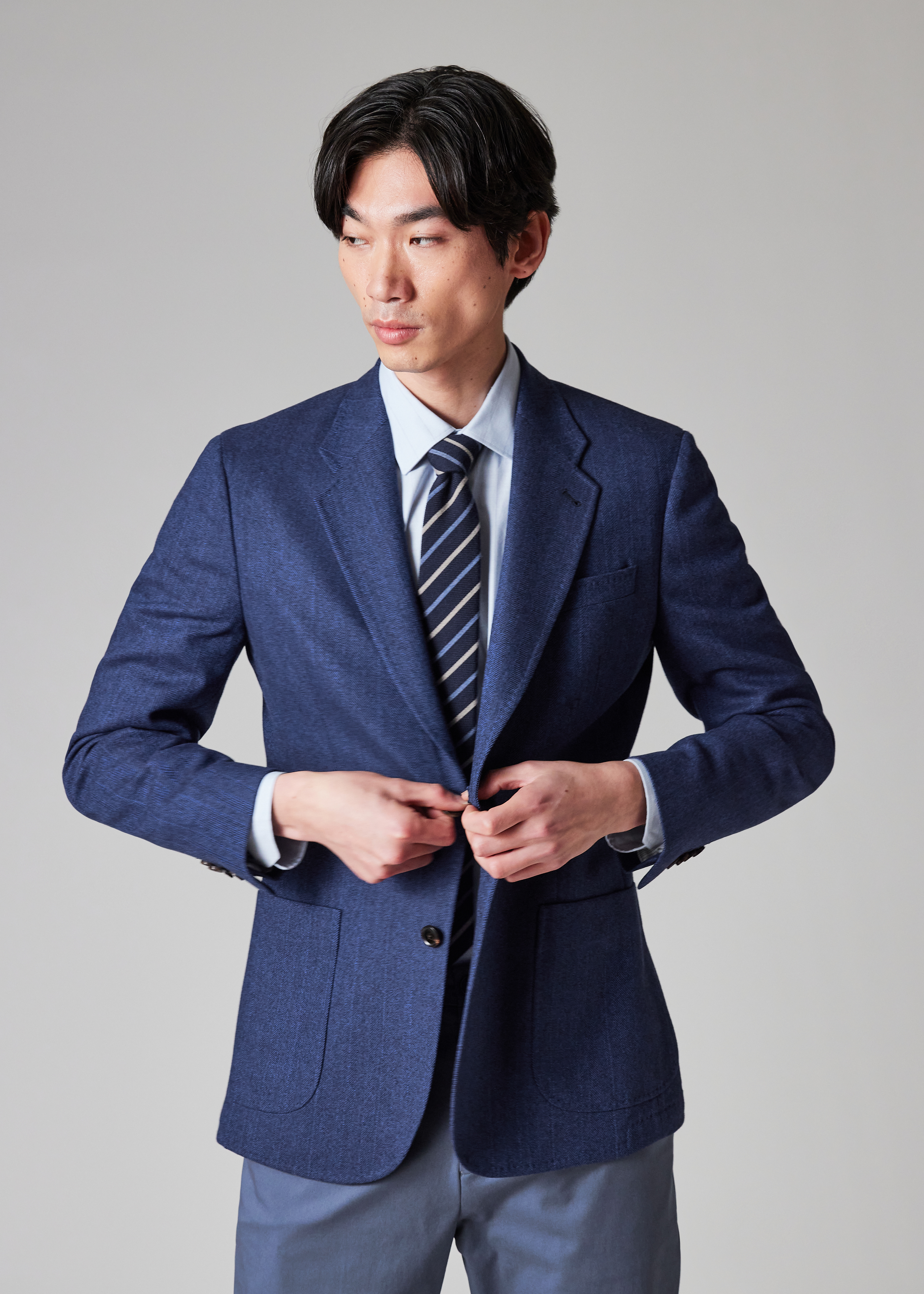 Blue Herringbone Wool-Cashmere Buggy-Lined Blazer