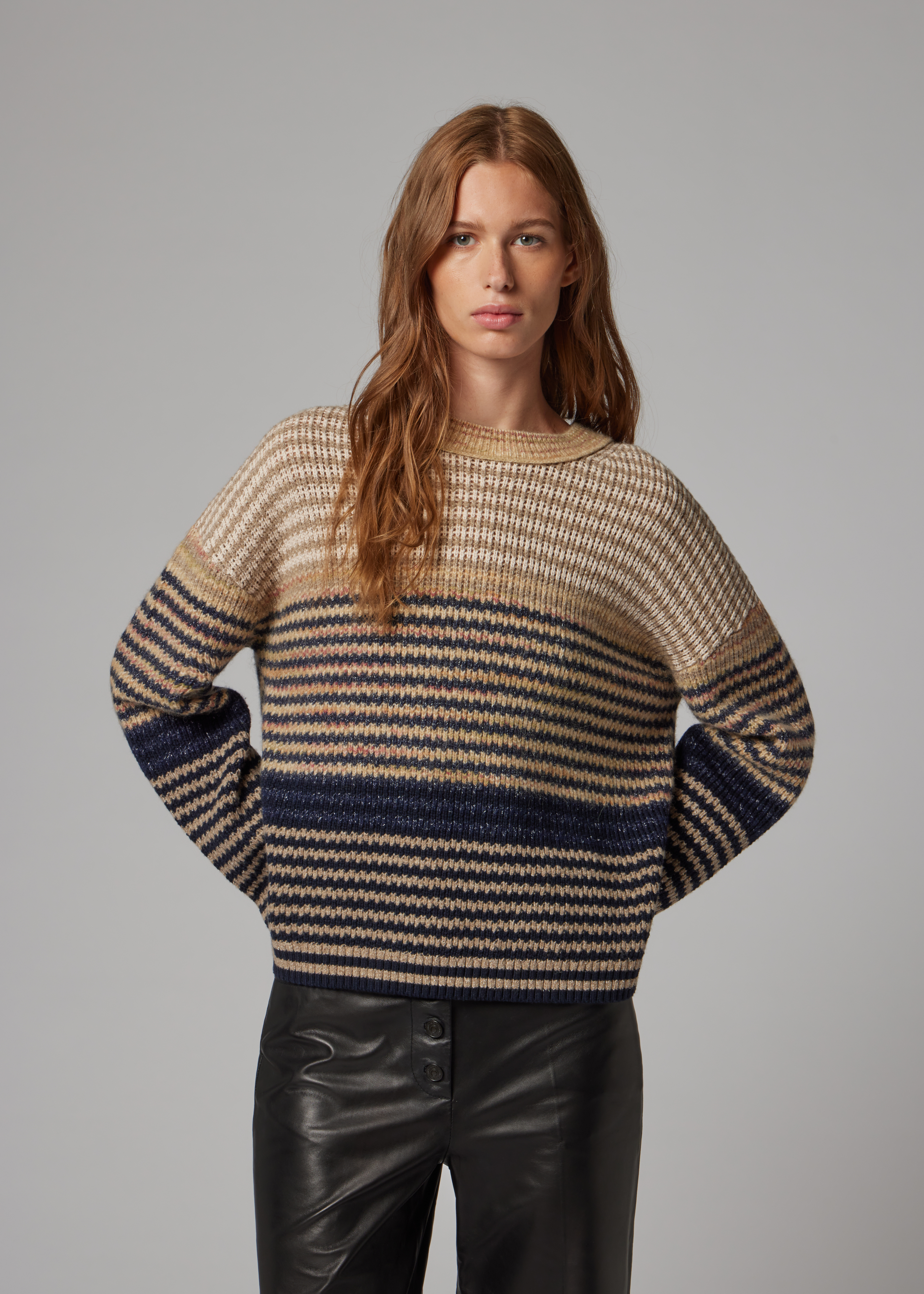 Women's Brown Textured Stripe Knitted Sweater