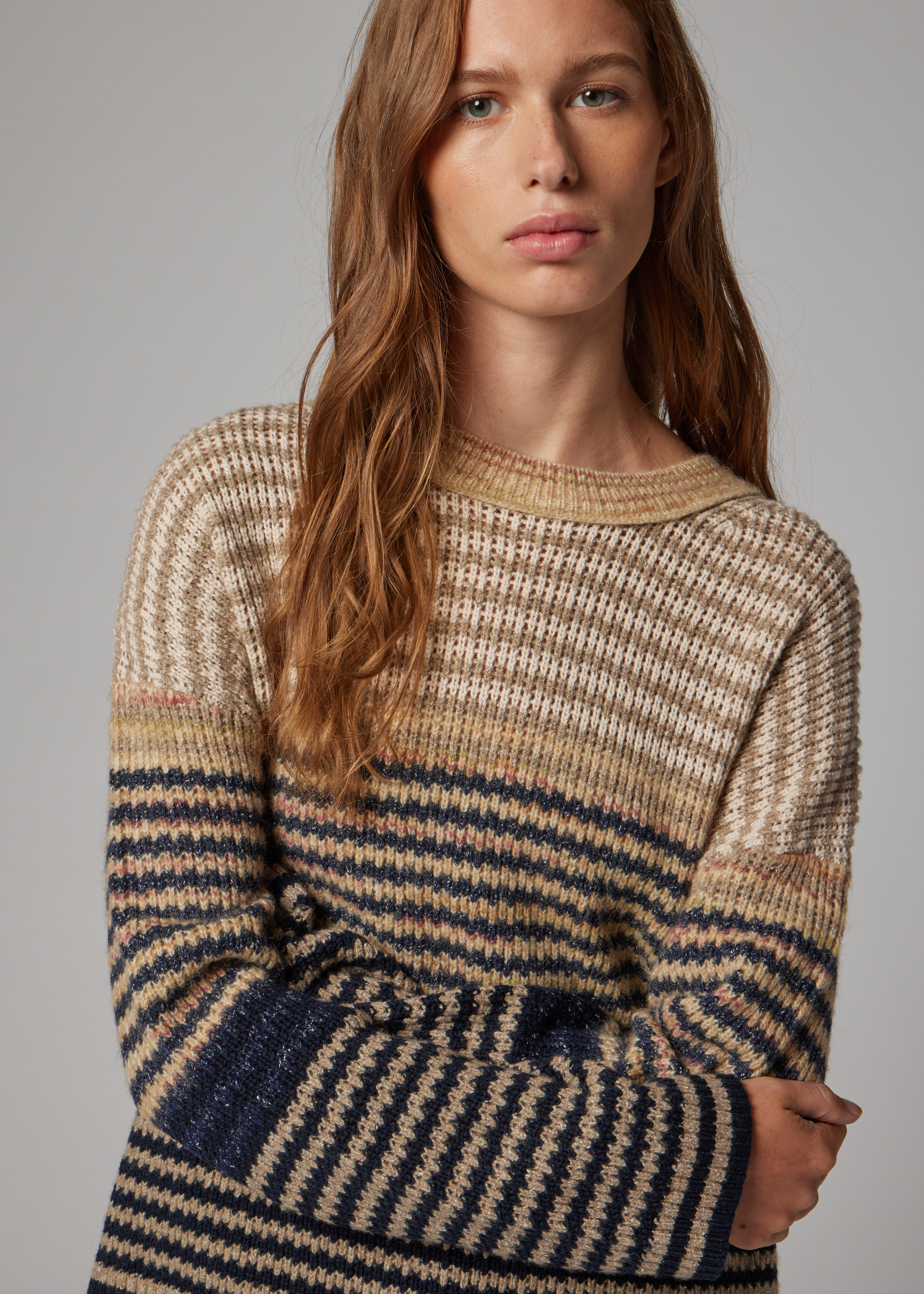 Women's Brown Textured Stripe Knitted Sweater