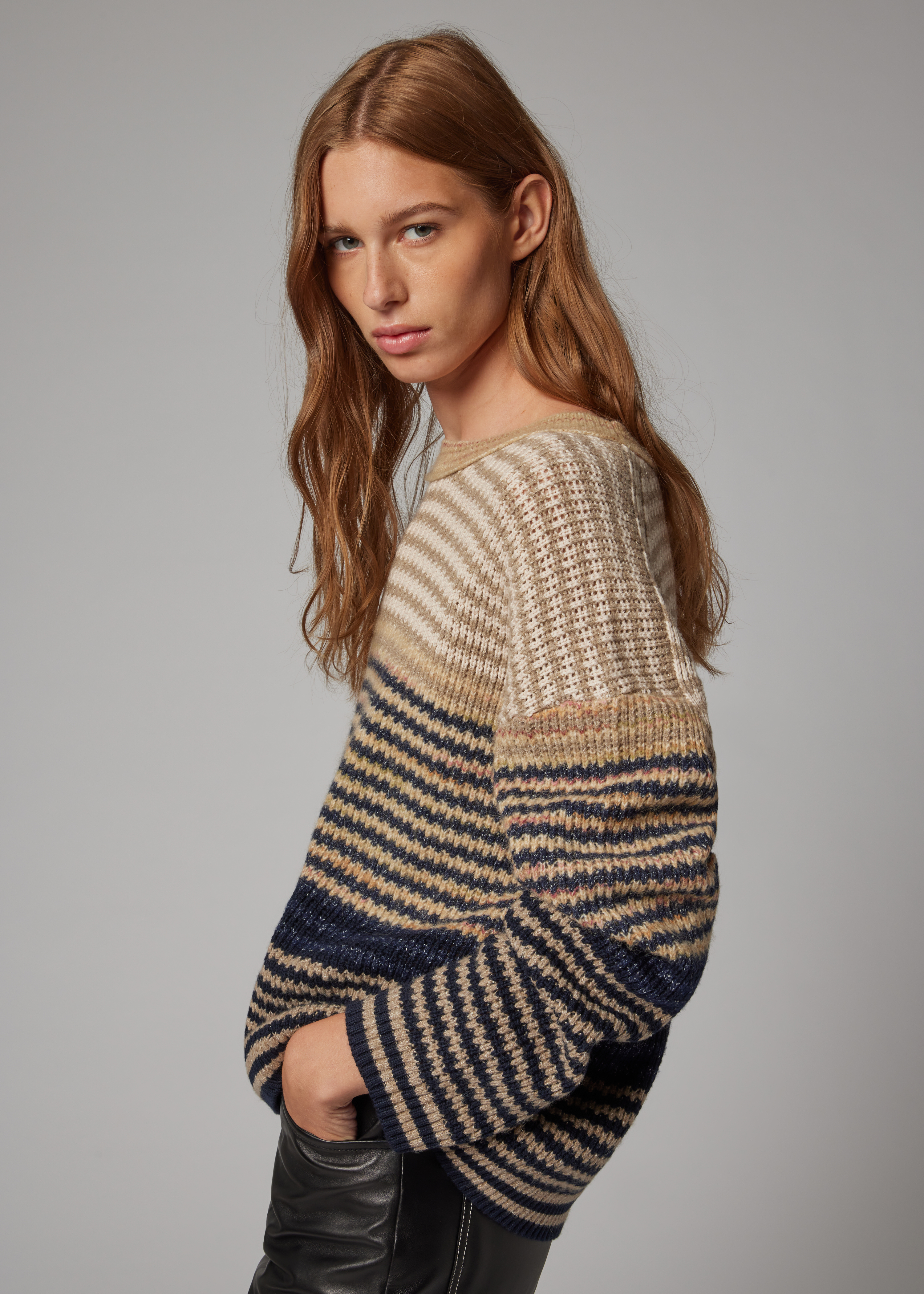 Women's Brown Textured Stripe Knitted Sweater