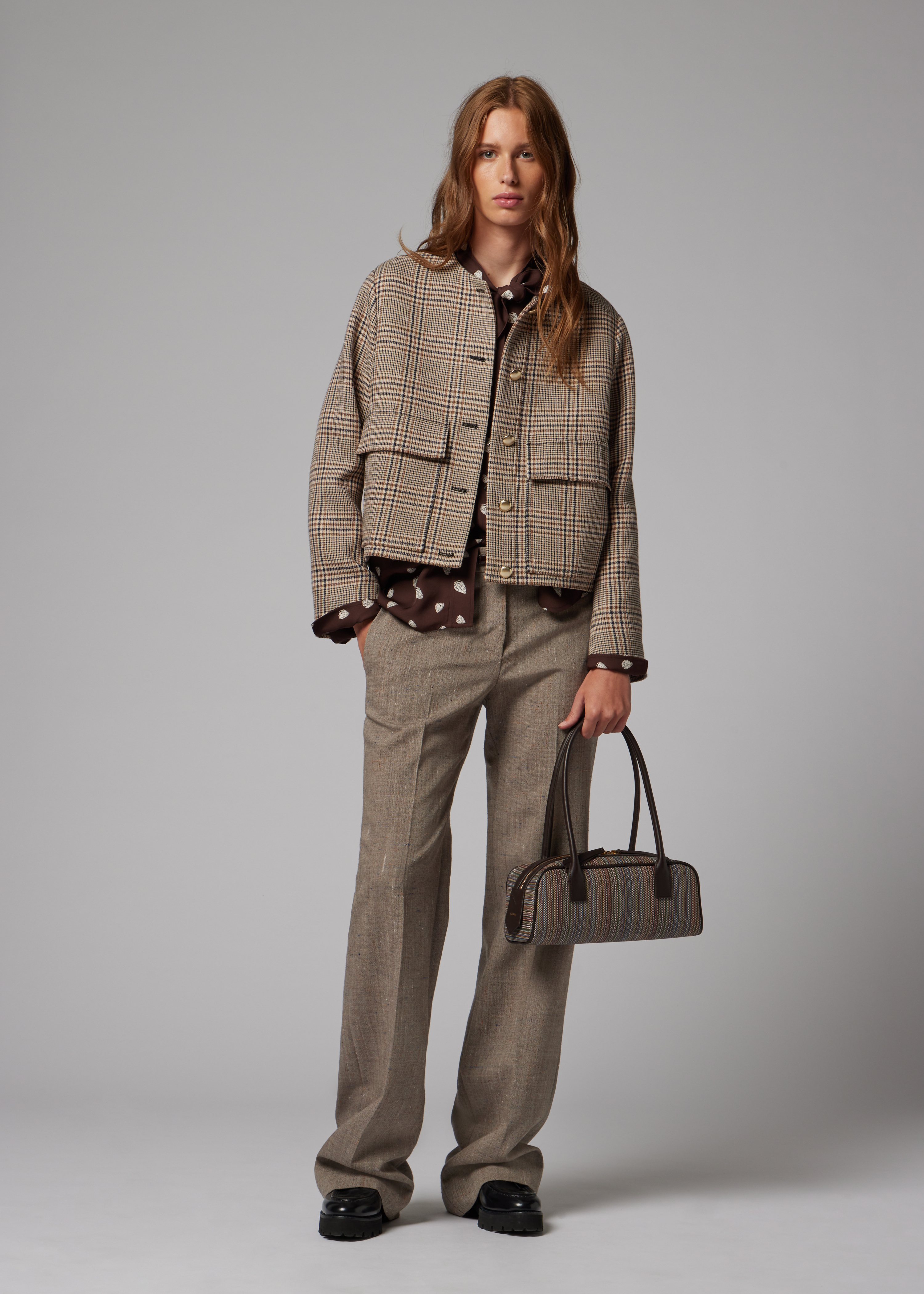 Women's Brown Wool-Blend Check Houndstooth Jacket