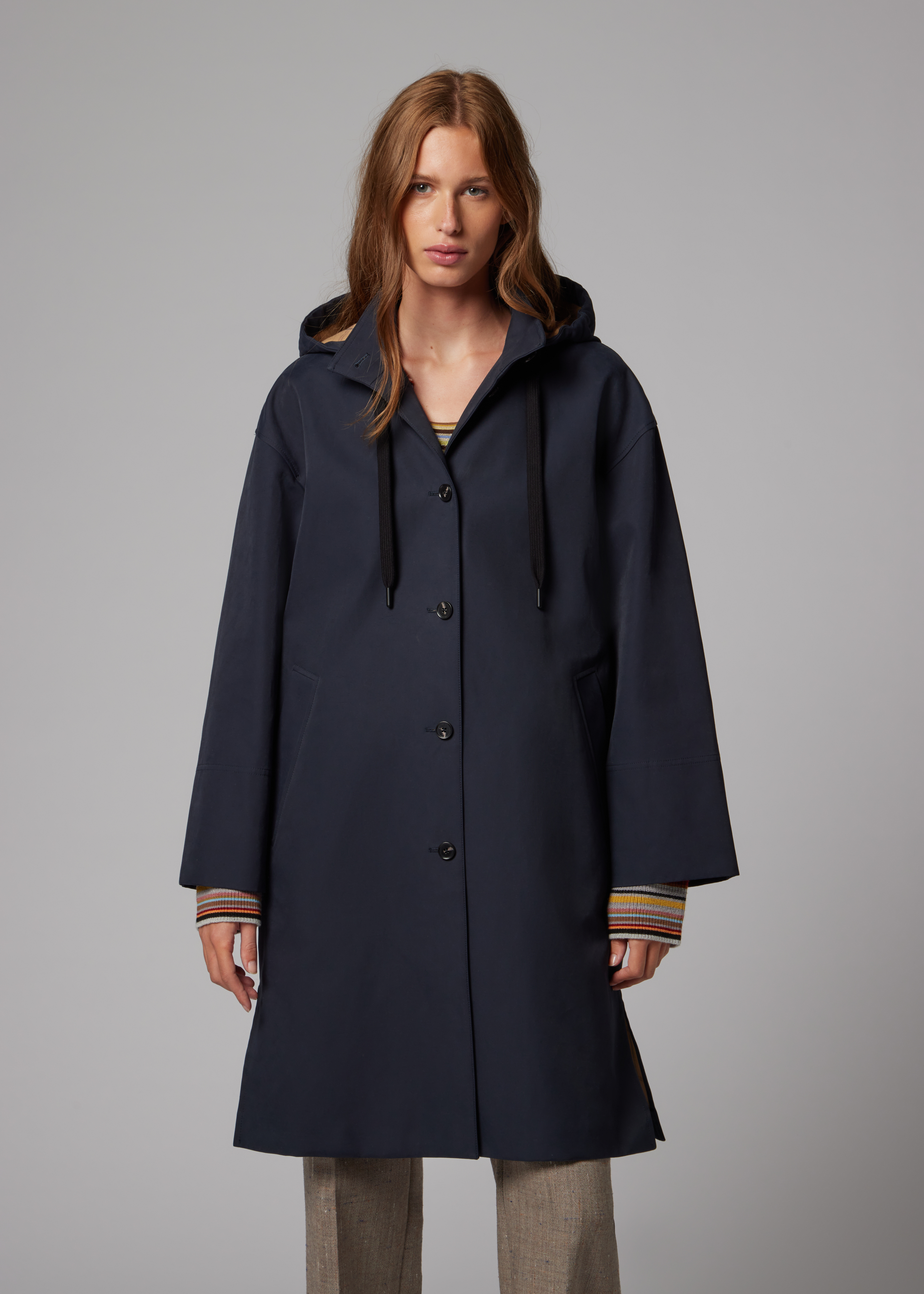 Women's Blue Cotton-Blend Hooded Coat
