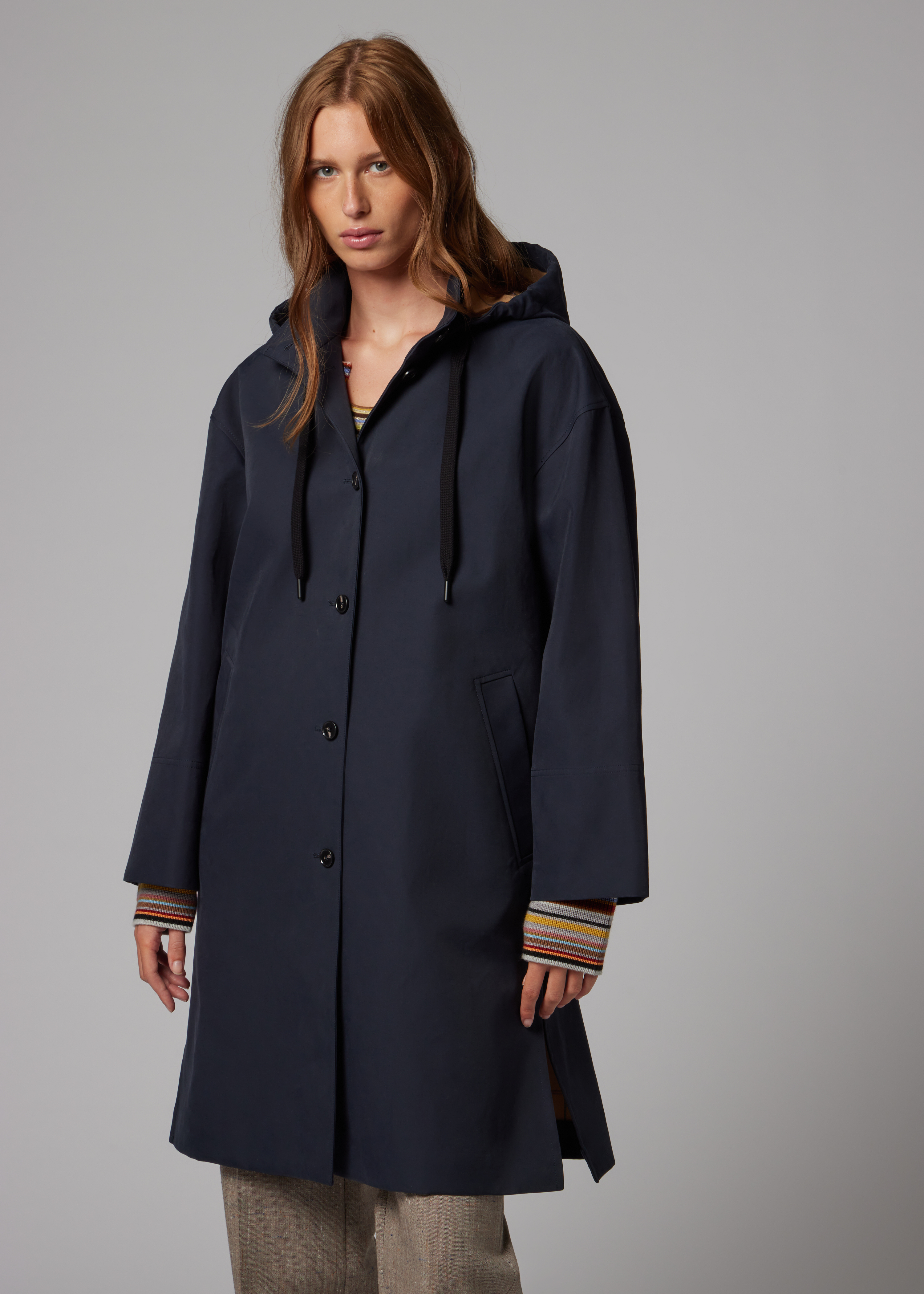 Women's Blue Cotton-Blend Hooded Coat
