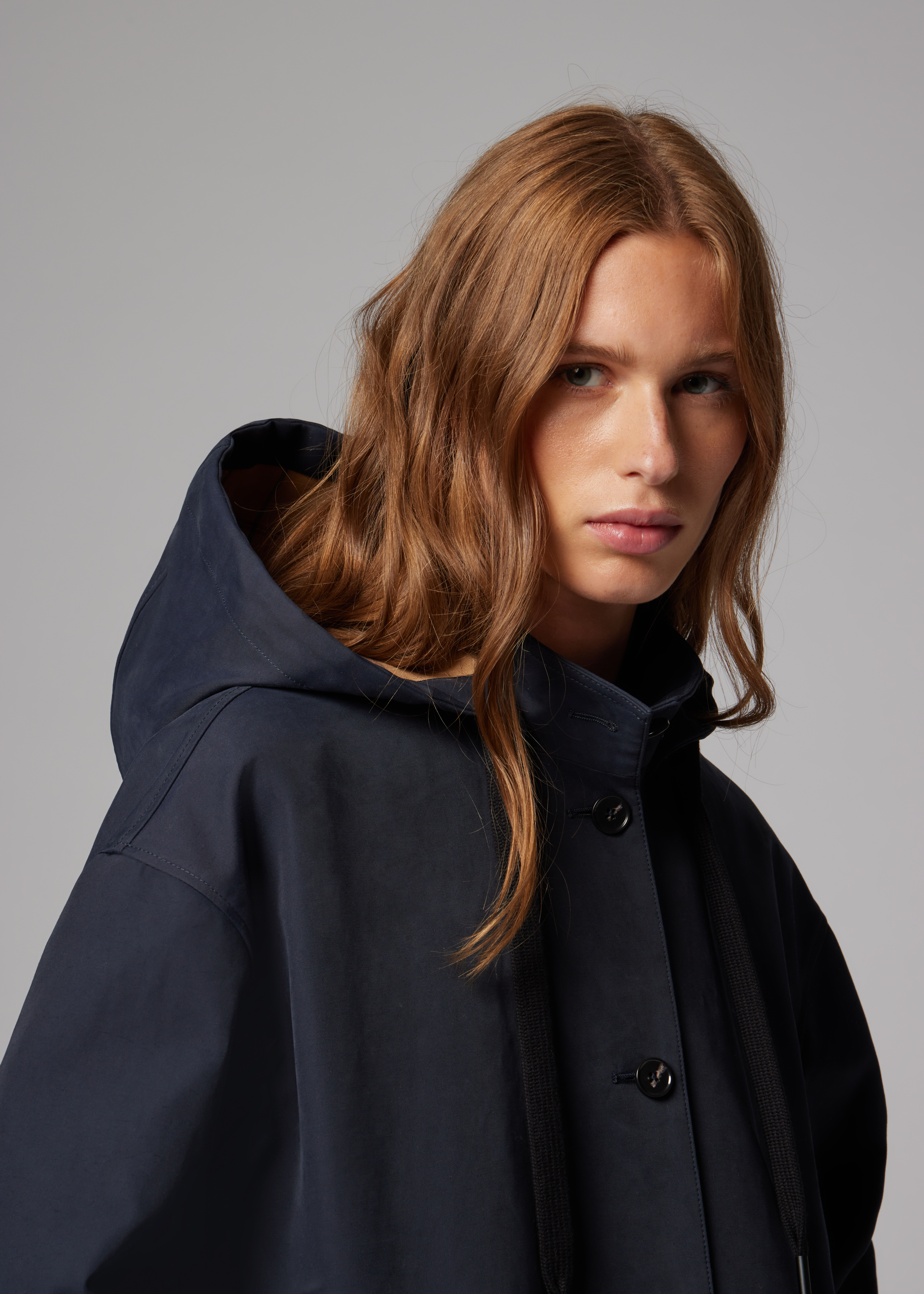 Women's Blue Cotton-Blend Hooded Coat