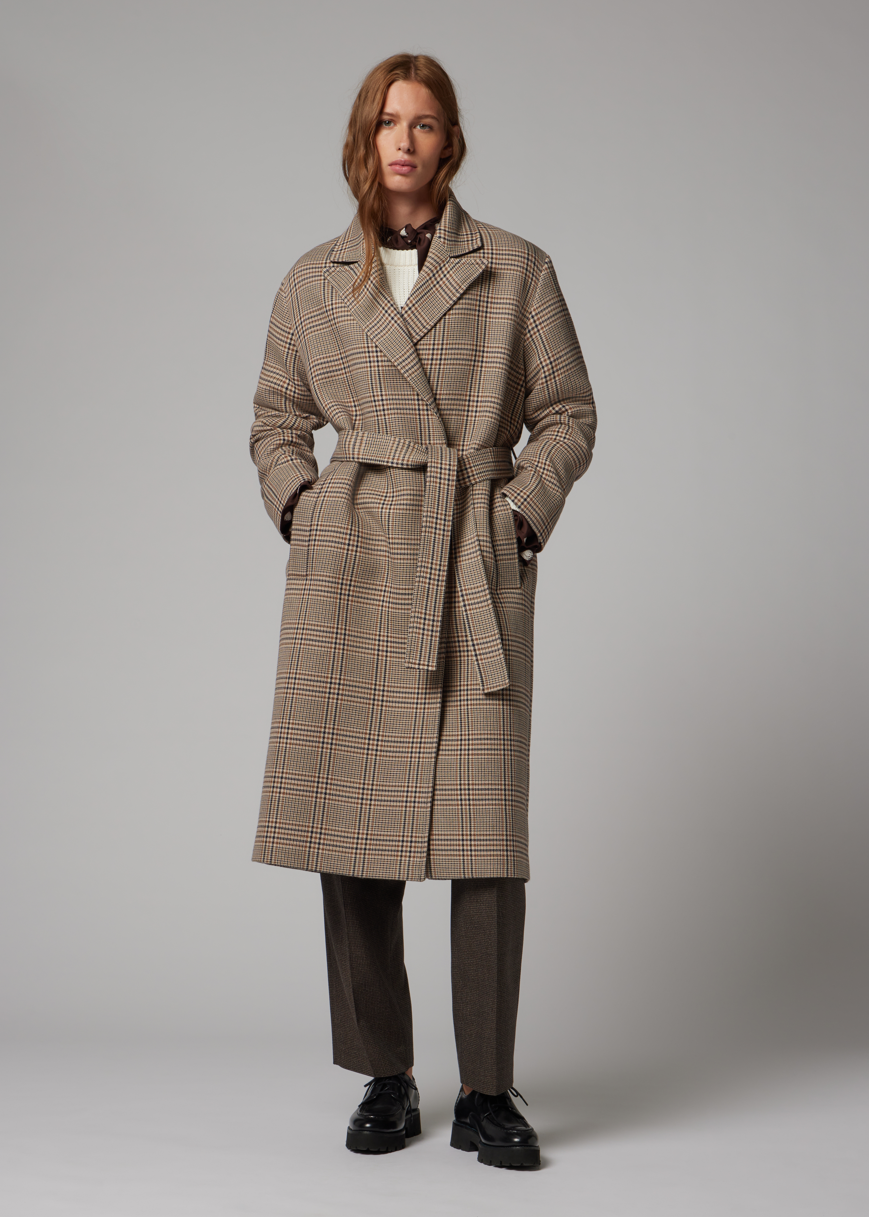 Women's Brown Wool-Blend Check Houndstooth Tie-Waist Coat