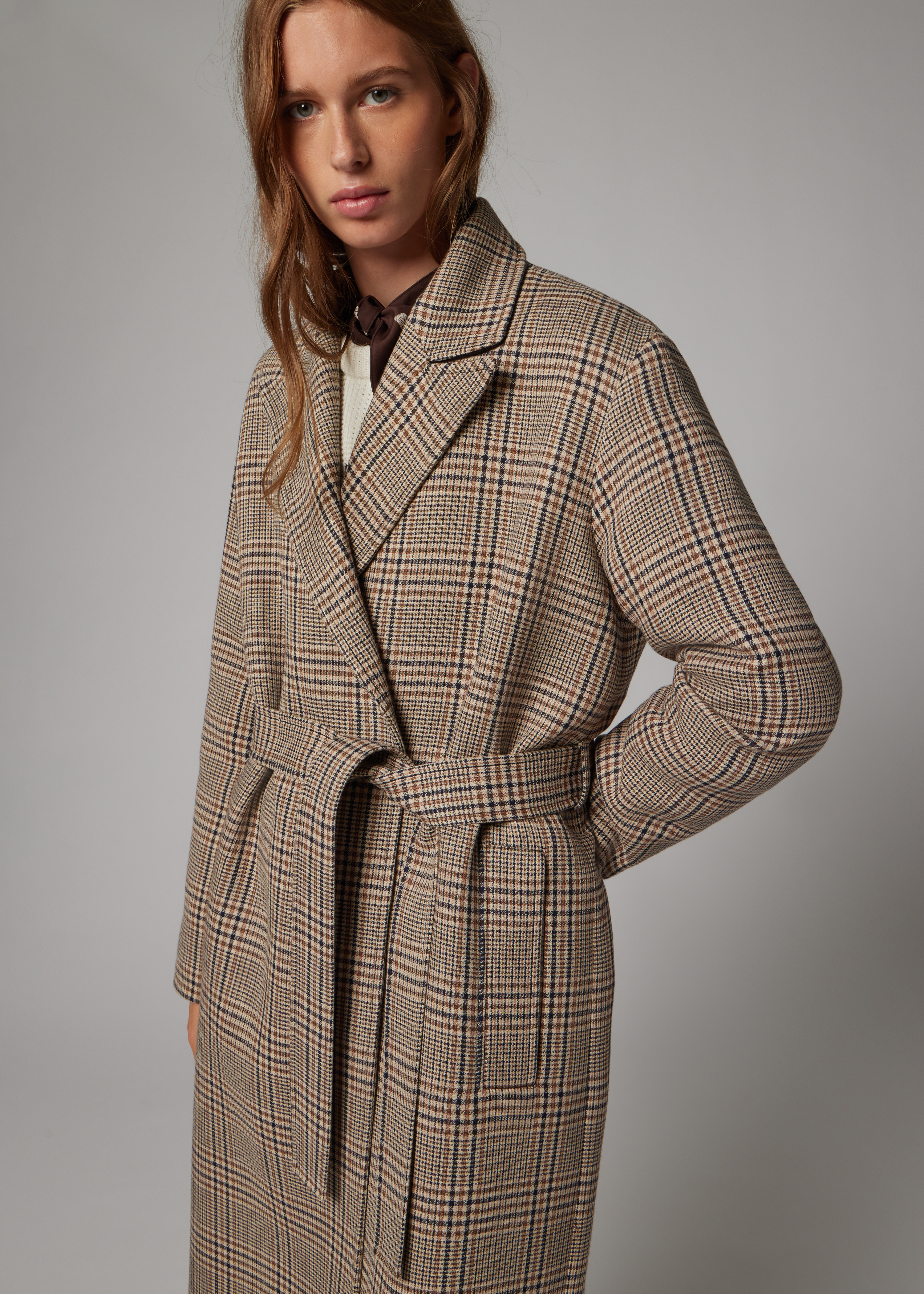 Women's Brown Wool-Blend Check Houndstooth Tie-Waist Coat