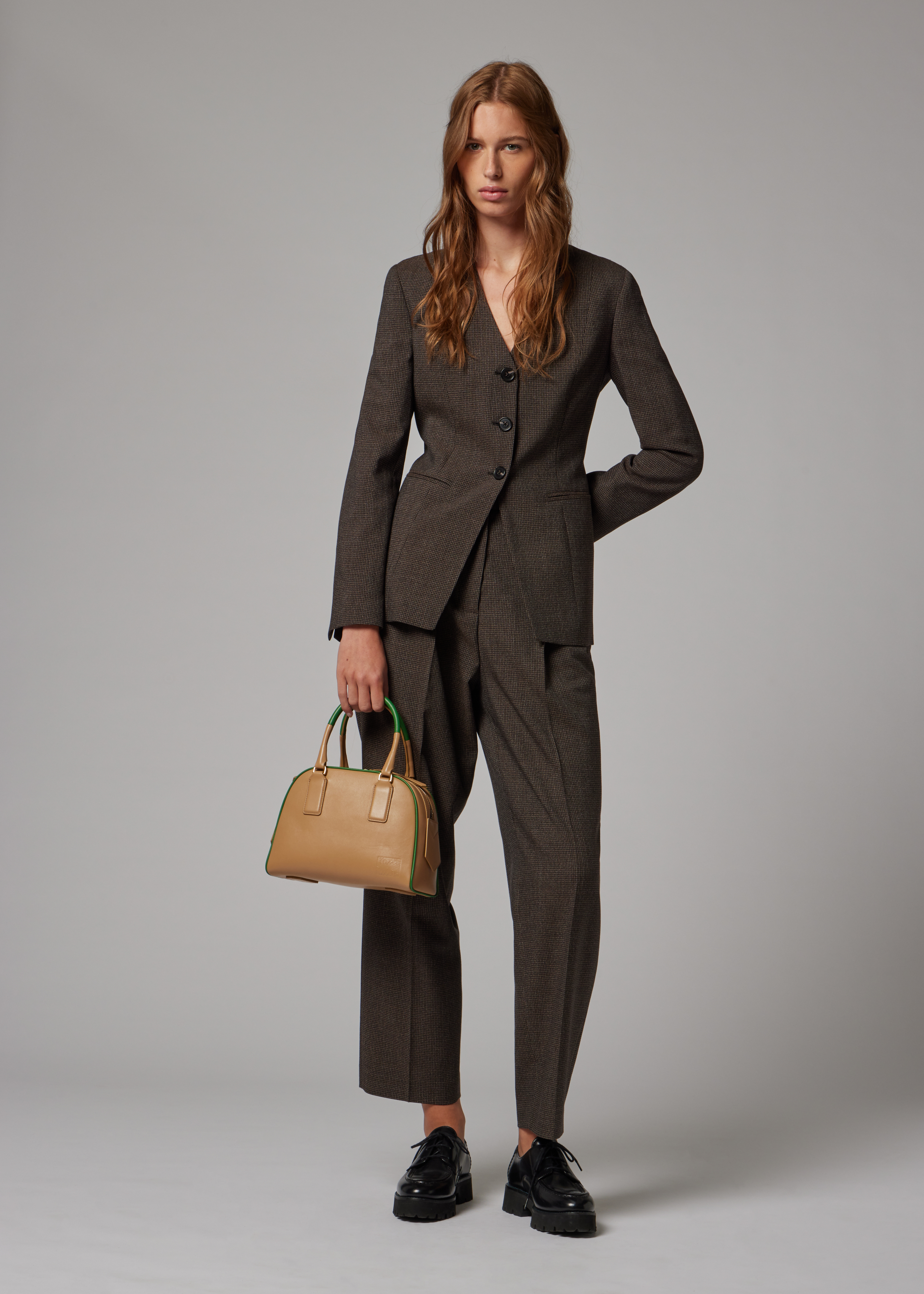 Women's Brown Houndstooth Collarless Tailored Blazer