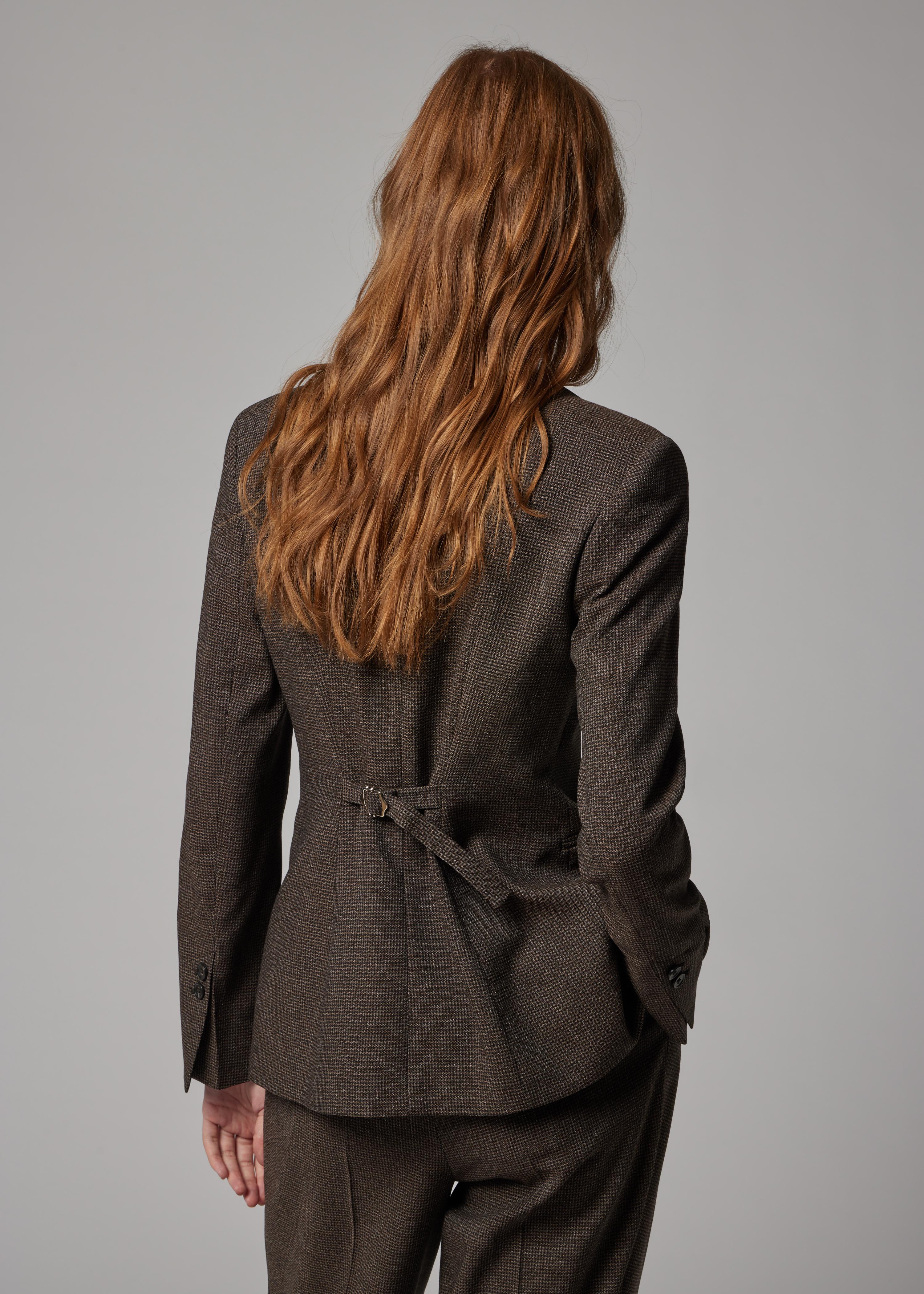 Women's Brown Houndstooth Collarless Tailored Blazer