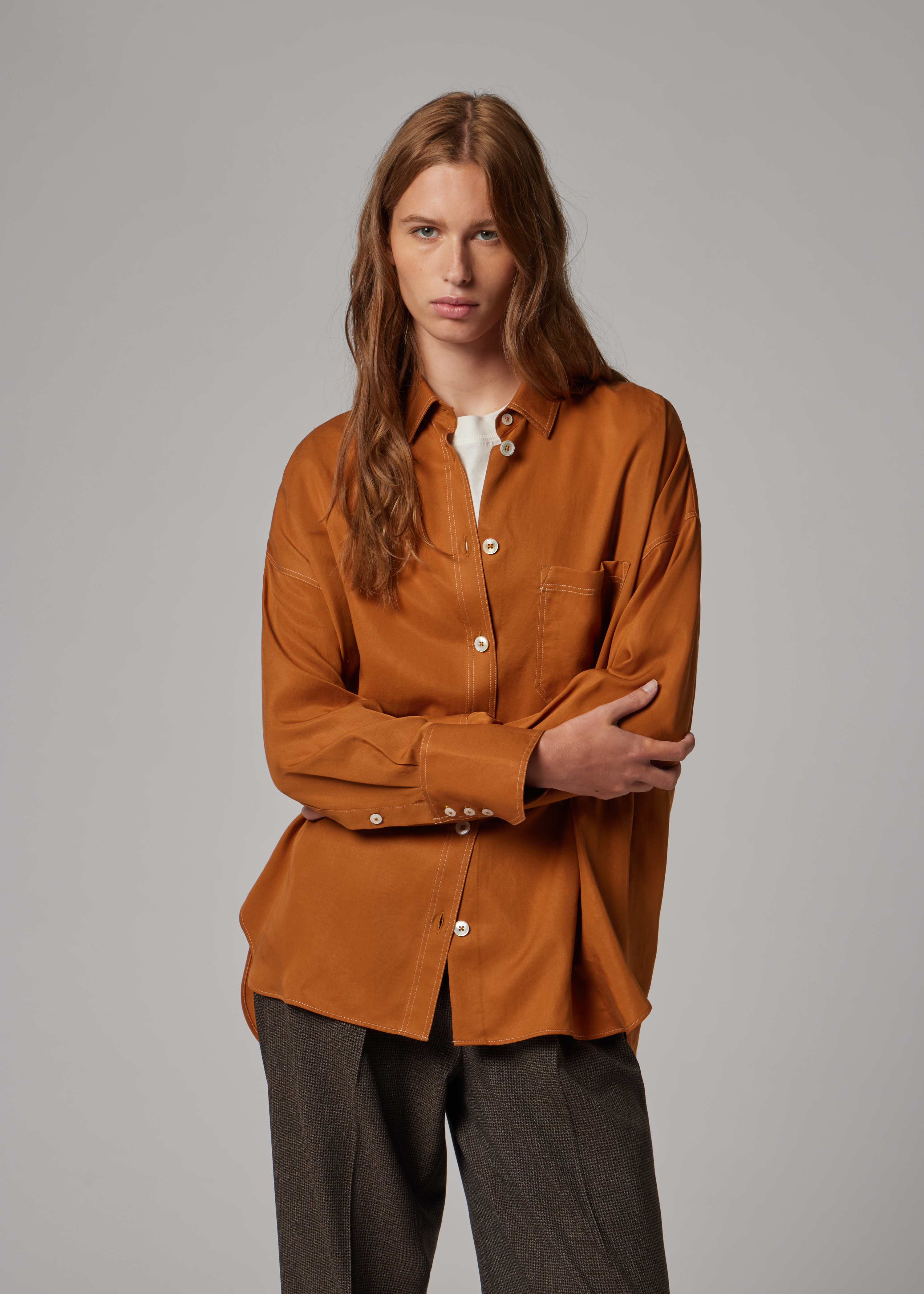 Women's Camel Shirt with Topstitching