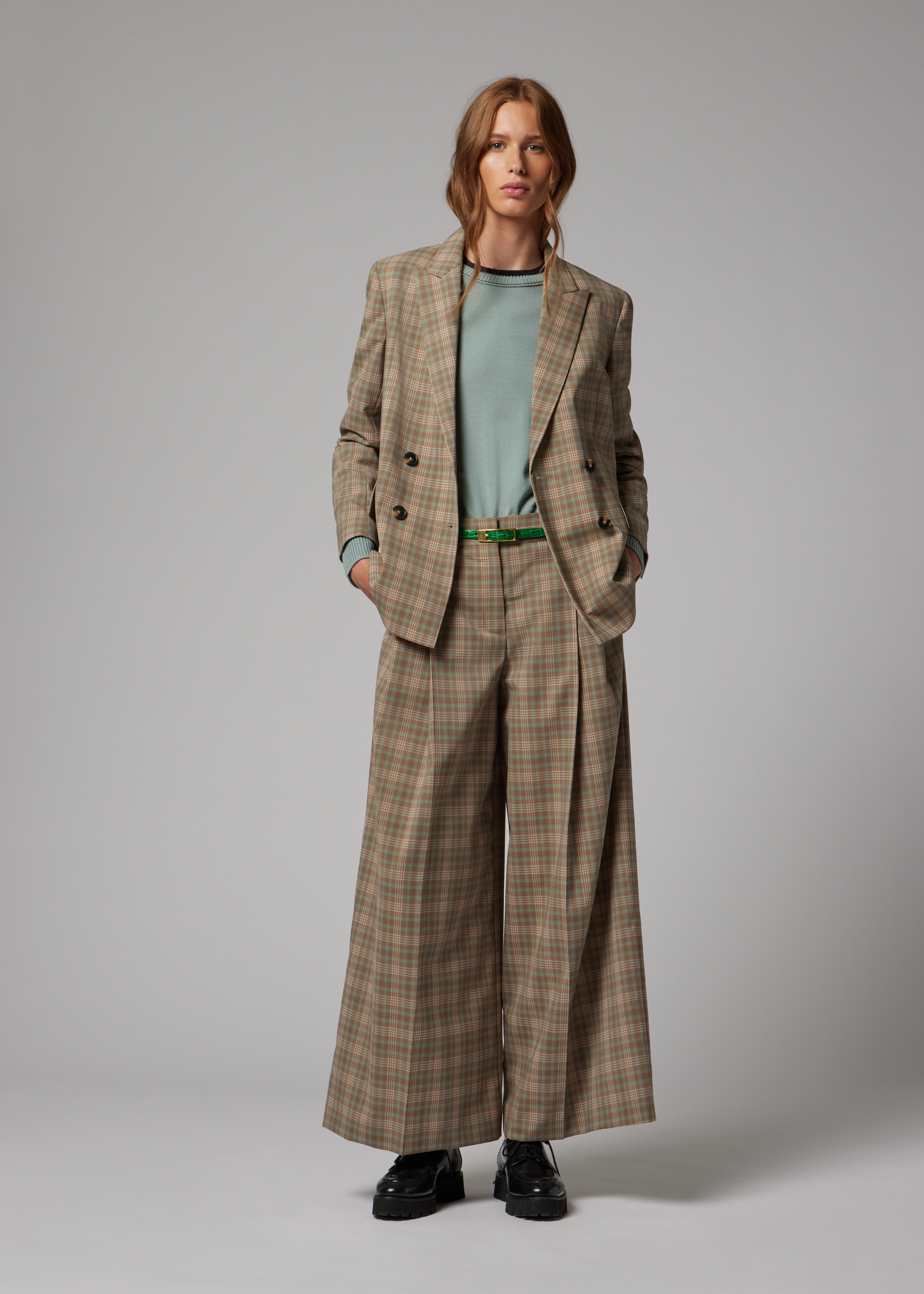 Women's Cream and Blue Check Wide-Leg Culotte Cropped Trousers
