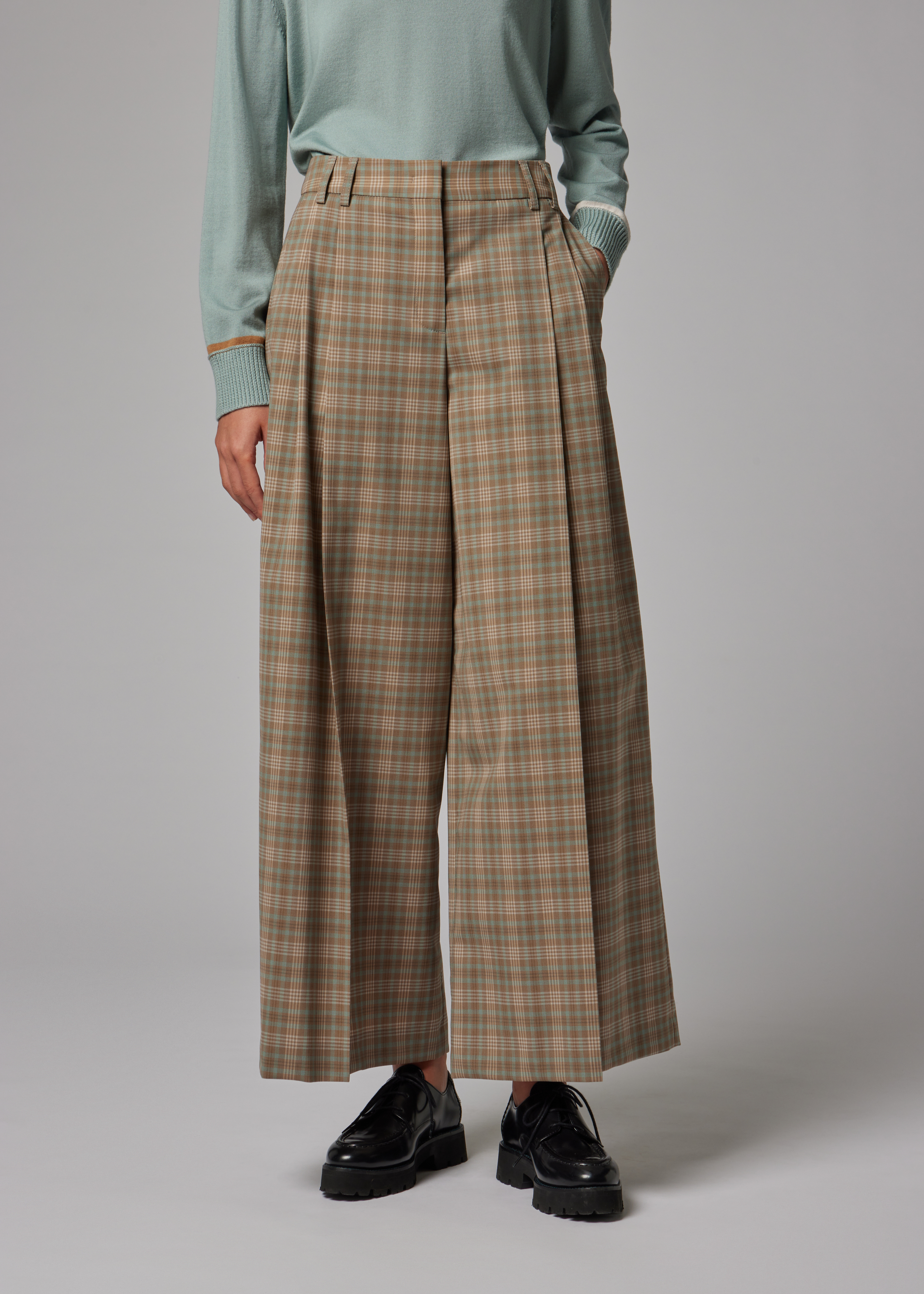 Women's Cream and Blue Check Wide-Leg Culotte Cropped Trousers