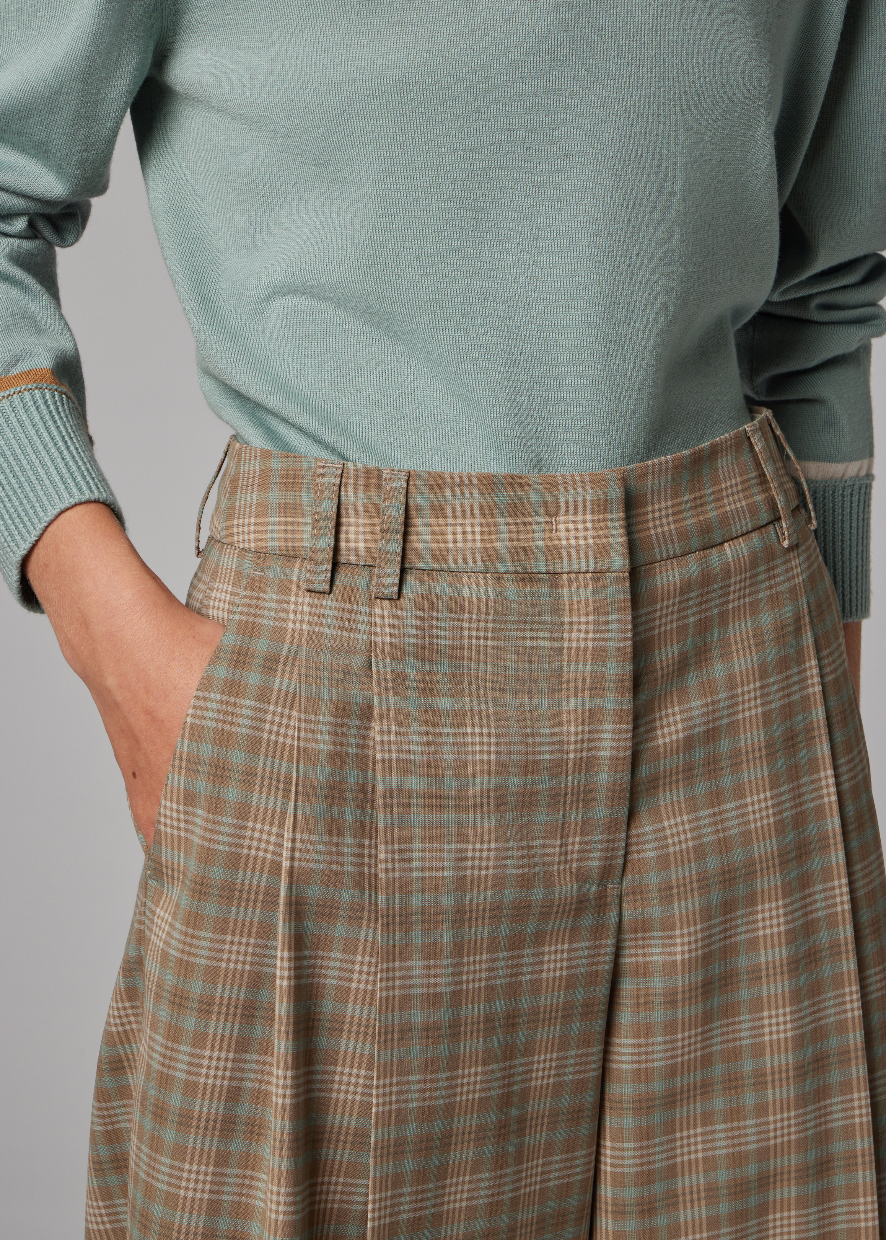 Women's Cream and Blue Check Wide-Leg Culotte Cropped Trousers