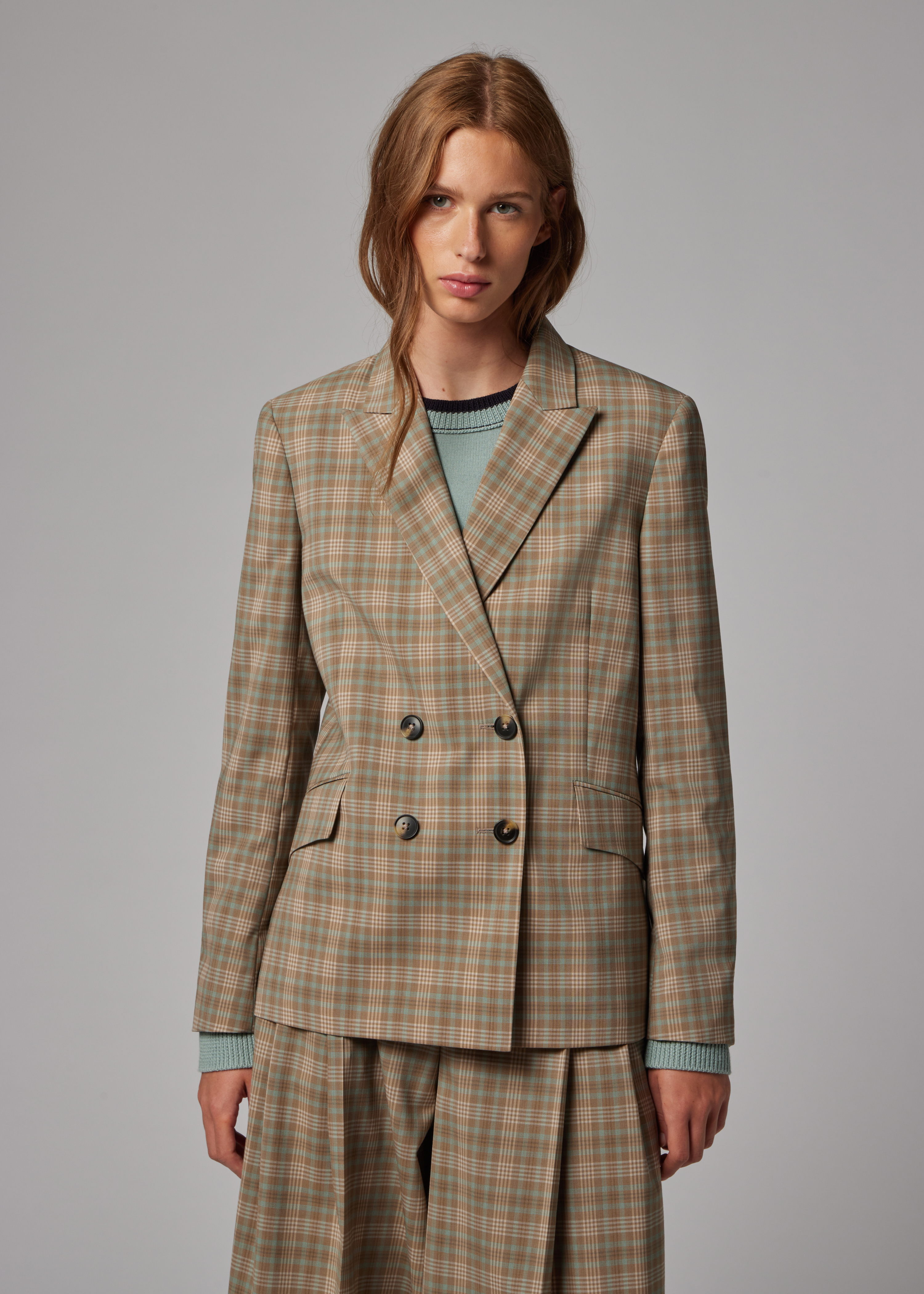 Women's Cream and Blue Check Double-Breasted Blazer