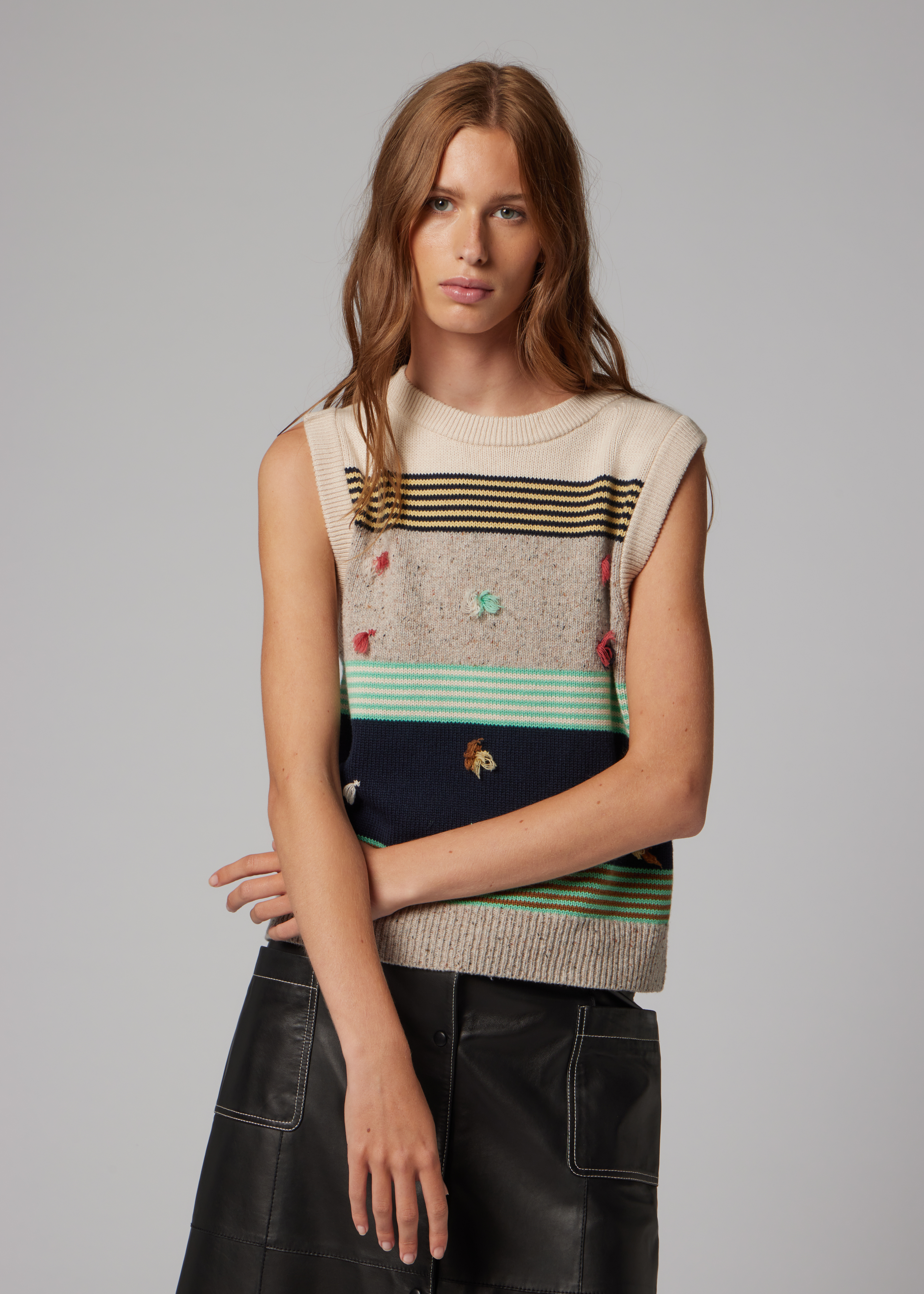 Women's Block Stripe Knitted Tank Top with Tassels