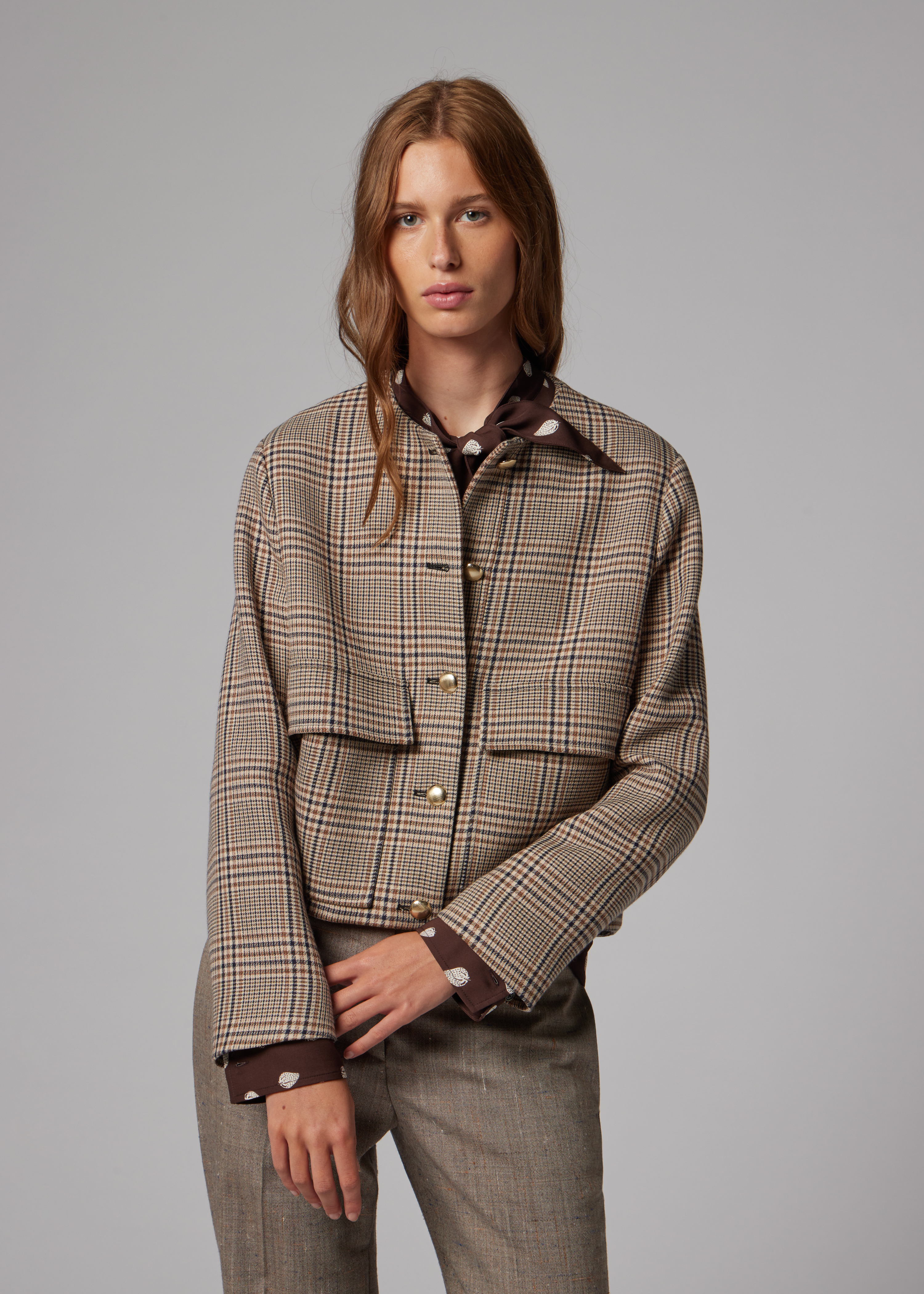 Women's Brown Wool-Blend Check Houndstooth Jacket