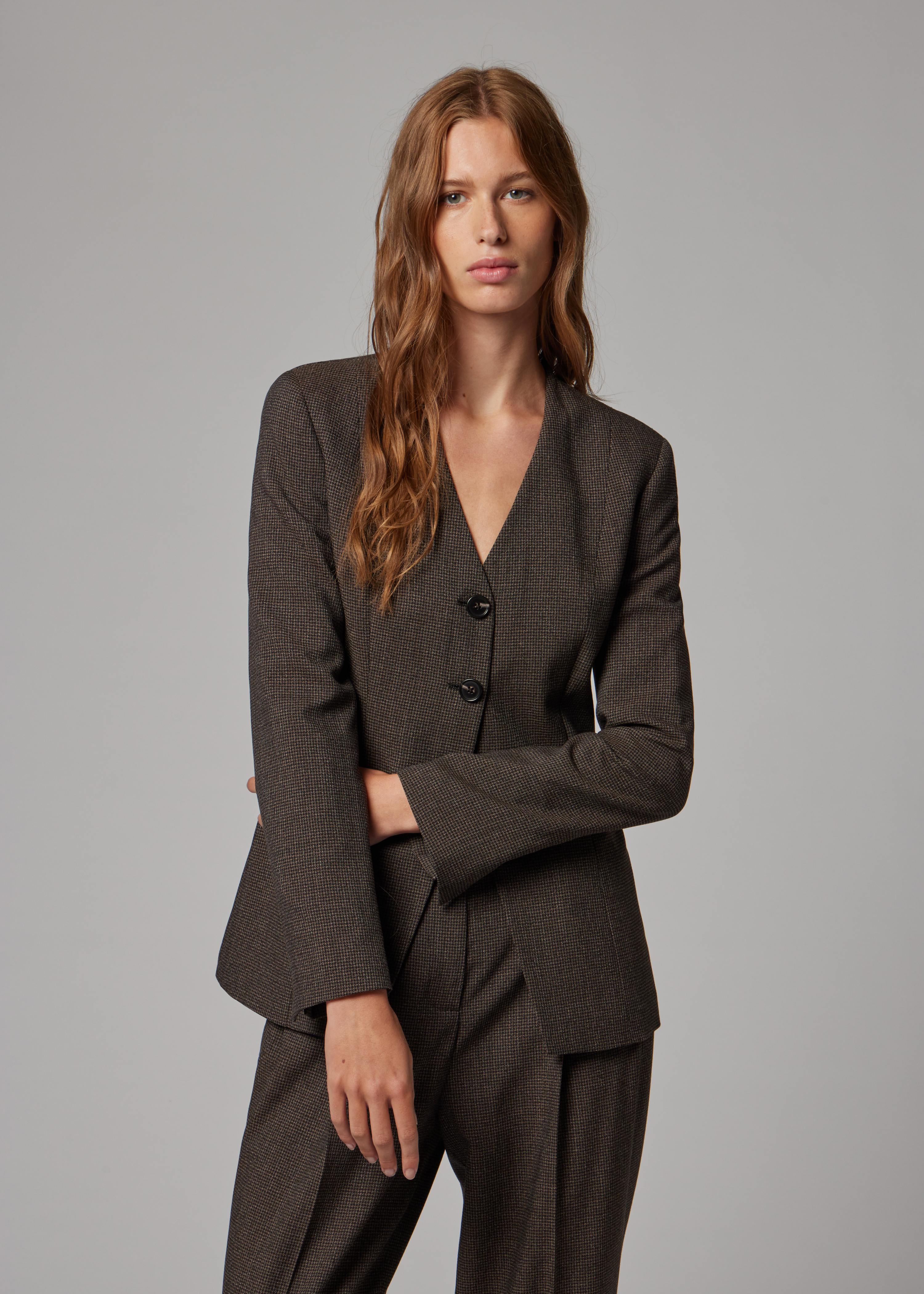 Women's Brown Houndstooth Collarless Tailored Blazer