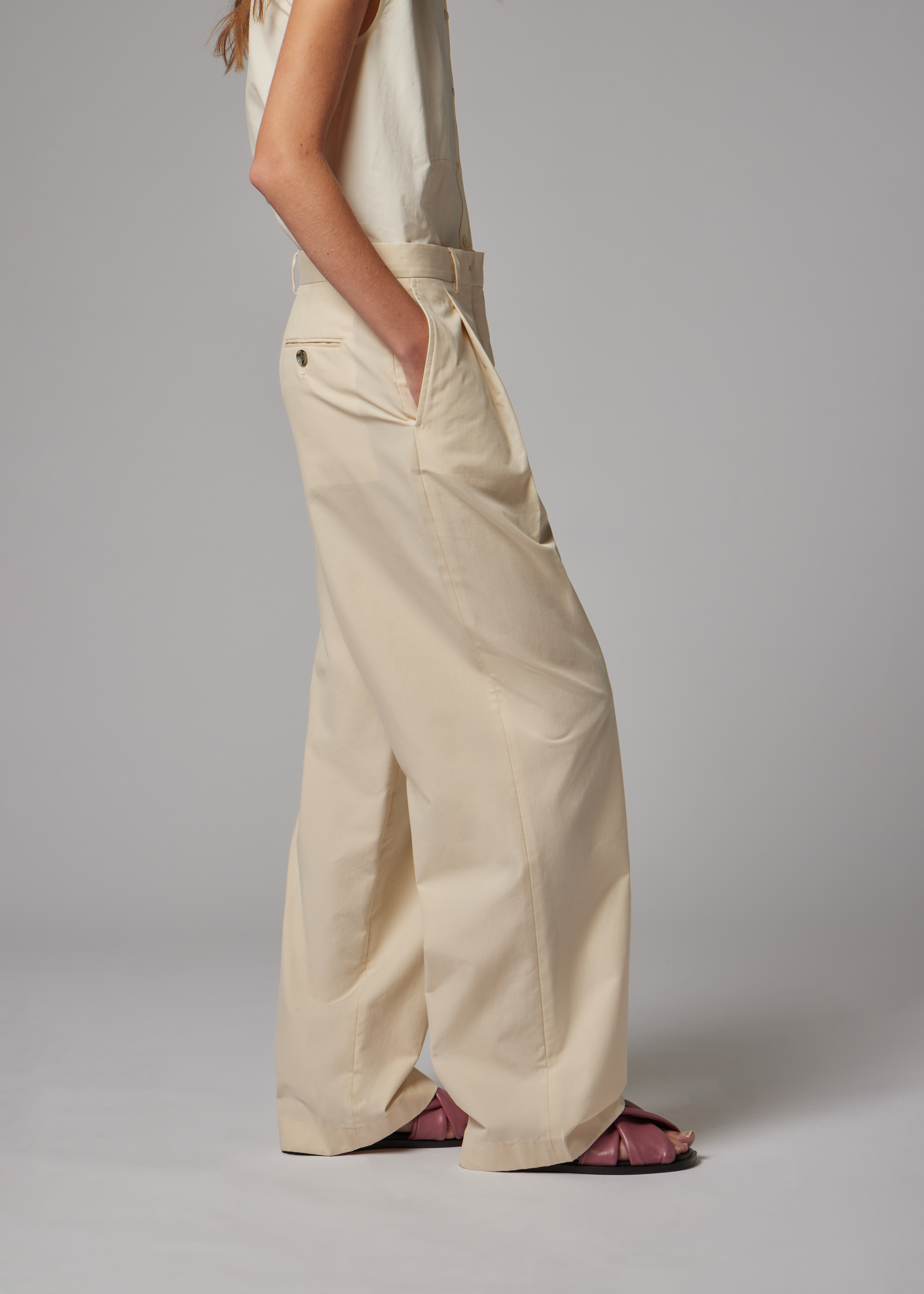 Women's Ecru Cotton Wide-Leg Trousers