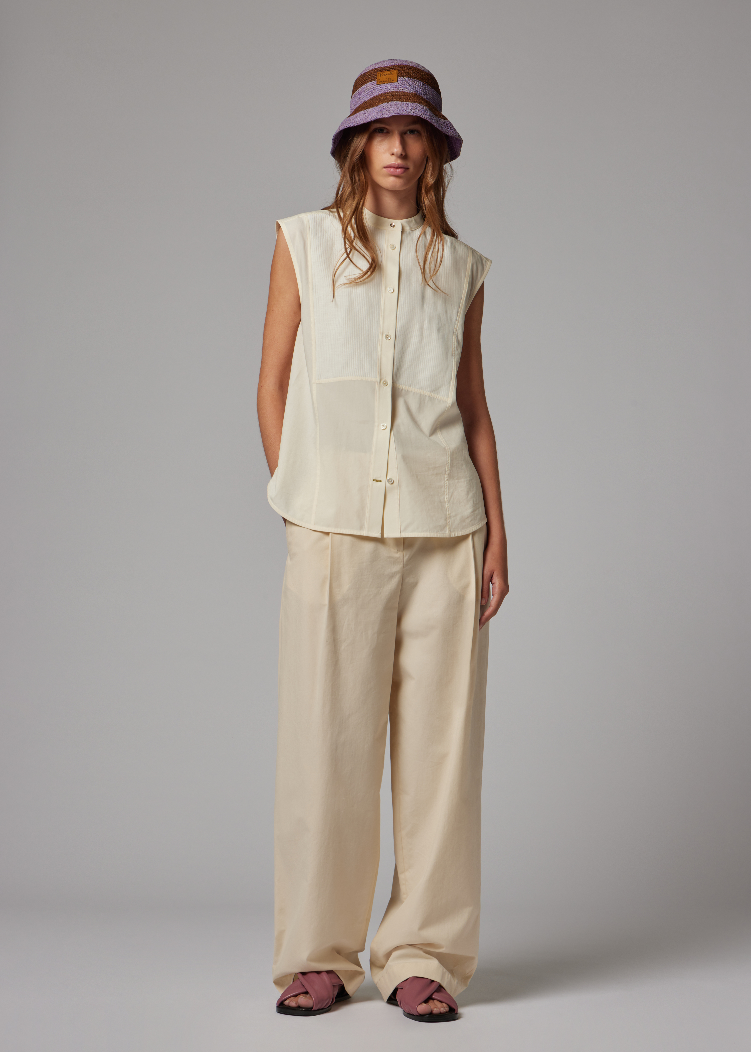 Women's Ecru Sleeveless Grandad Shirt