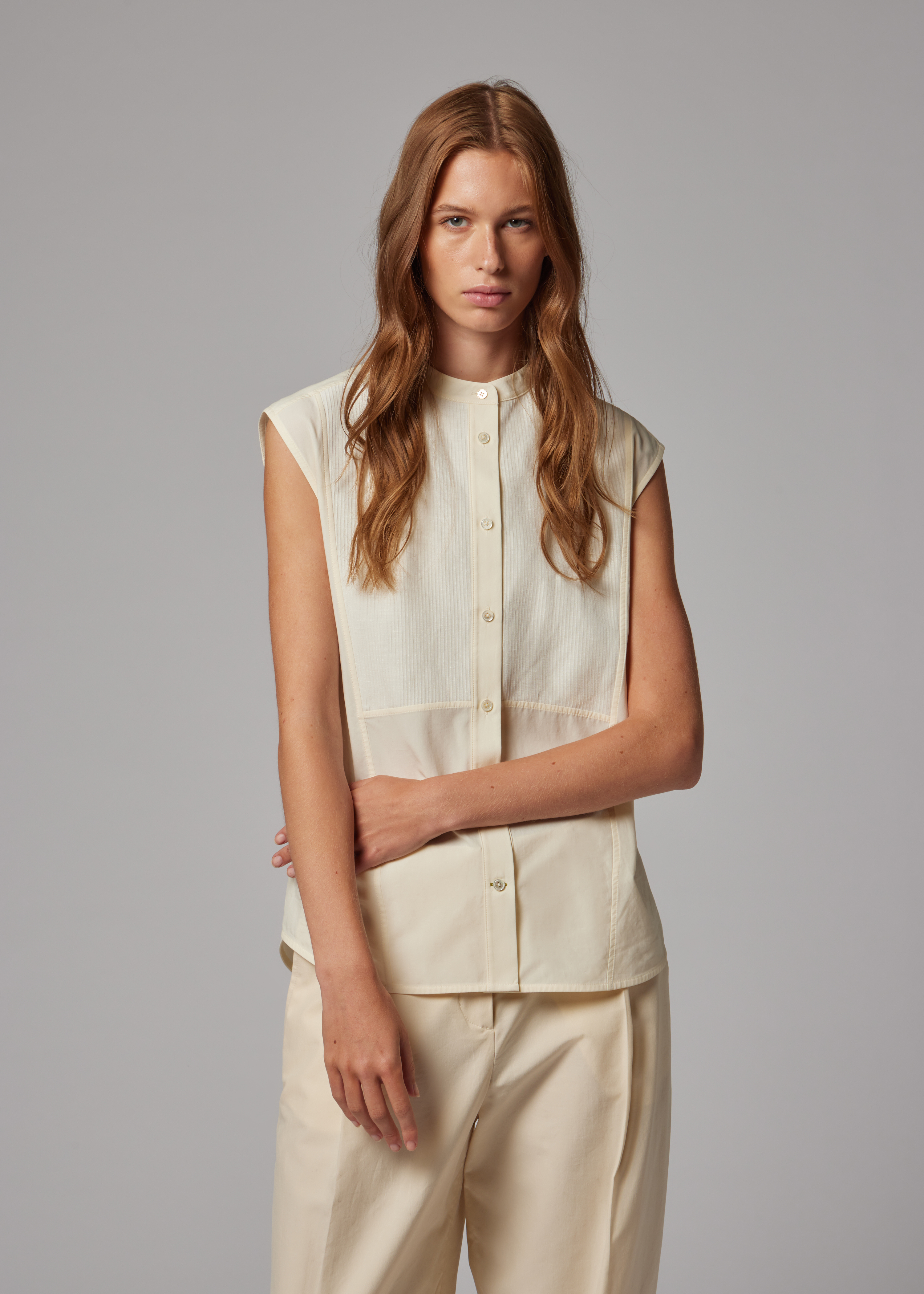 Women's Ecru Sleeveless Grandad Shirt