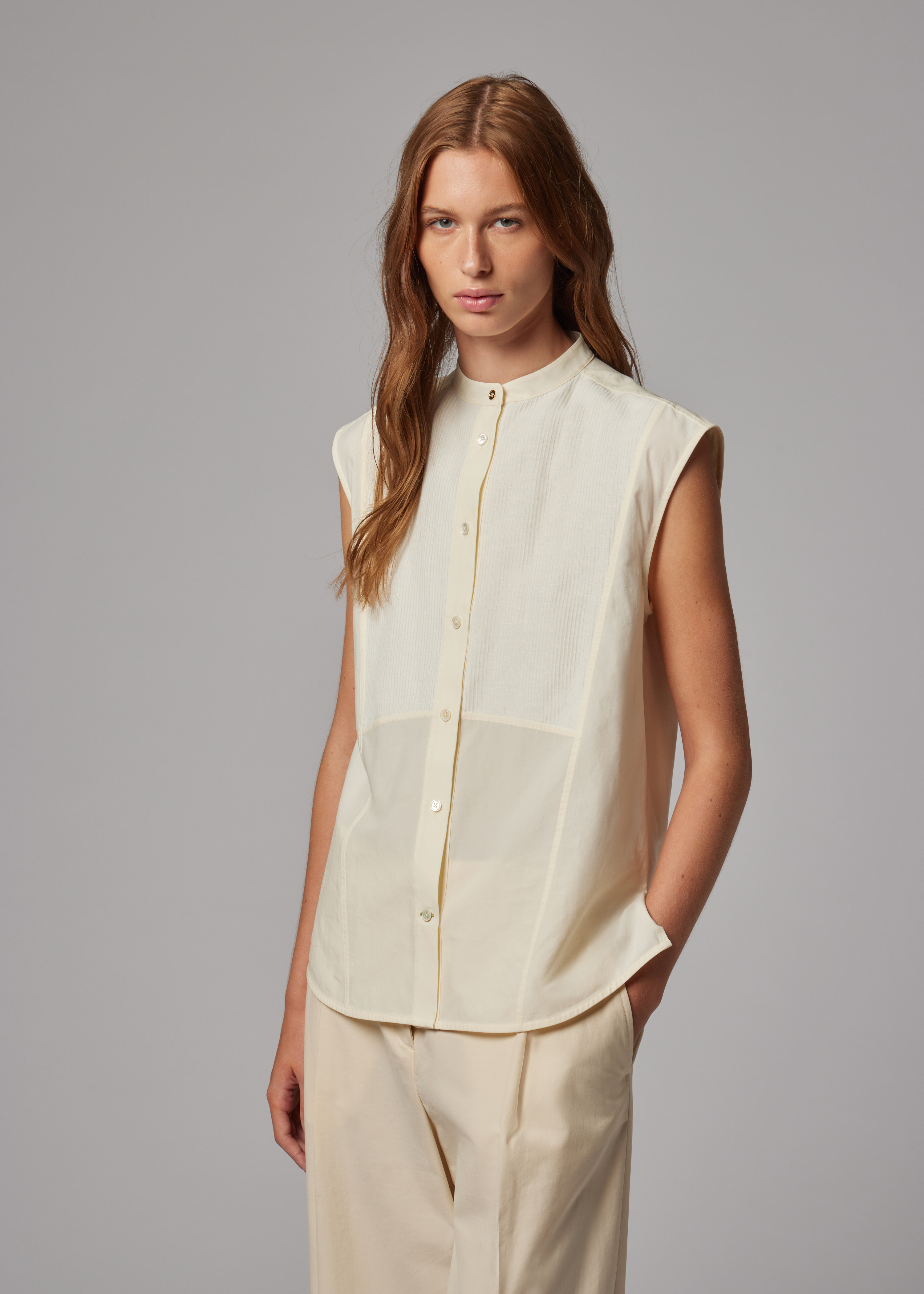Women's Ecru Sleeveless Grandad Shirt