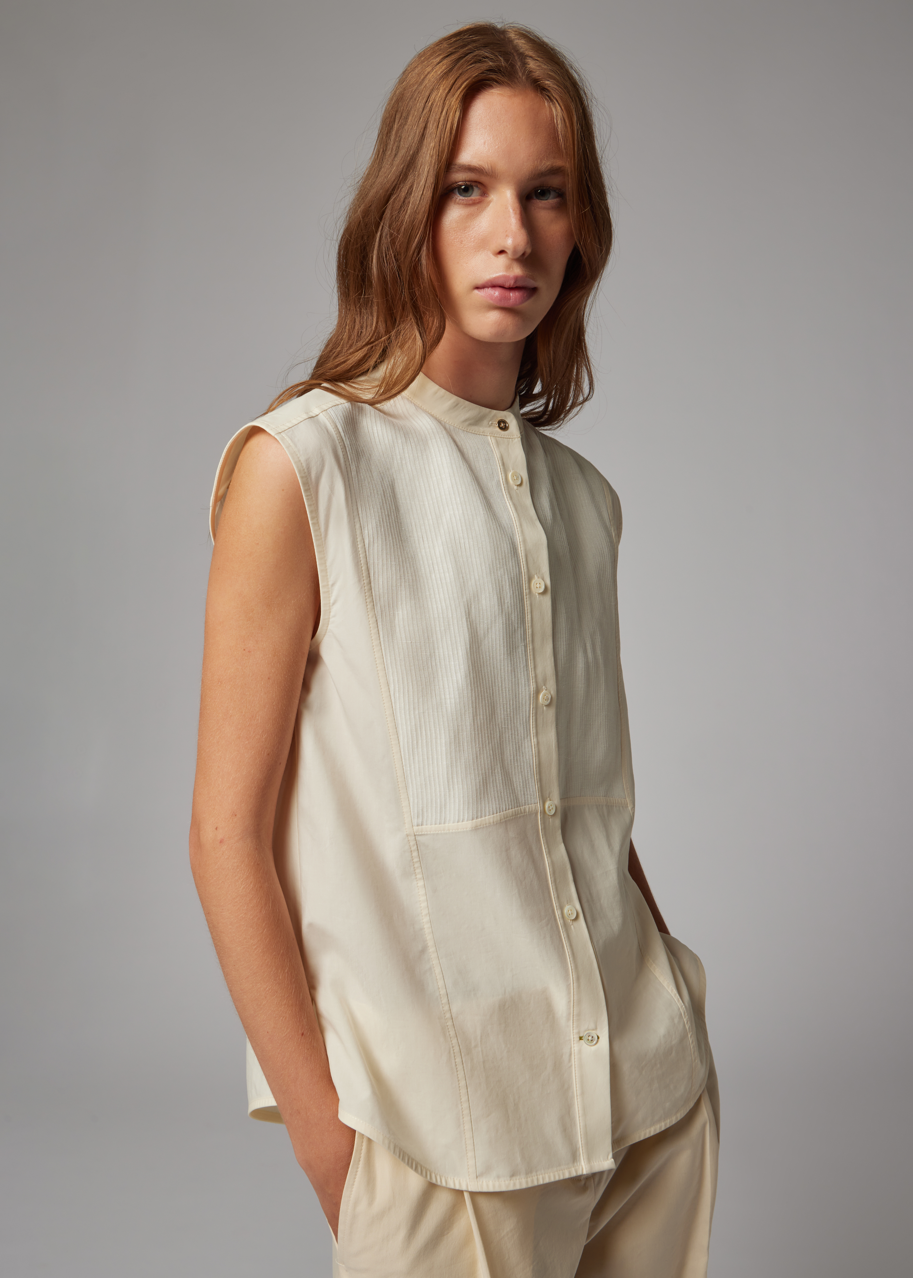 Women's Ecru Sleeveless Grandad Shirt