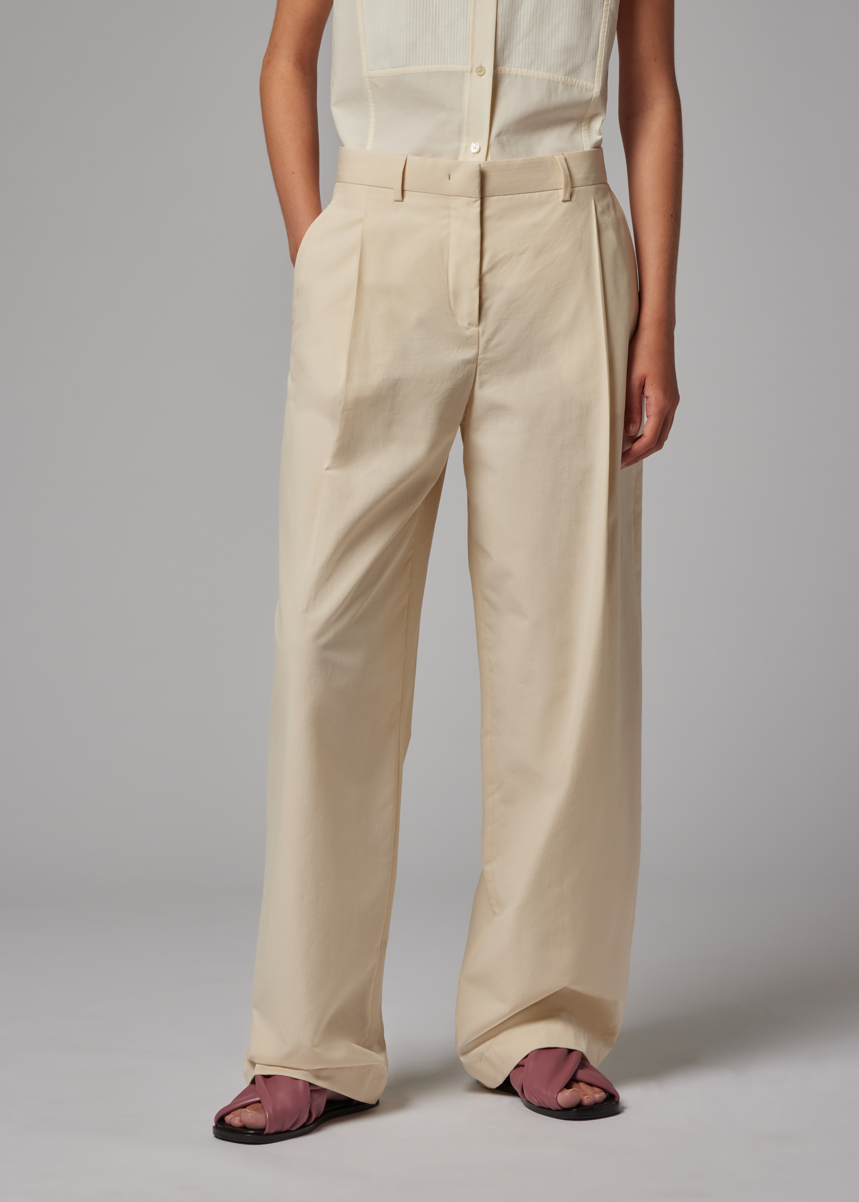 Women's Ecru Cotton Wide-Leg Trousers