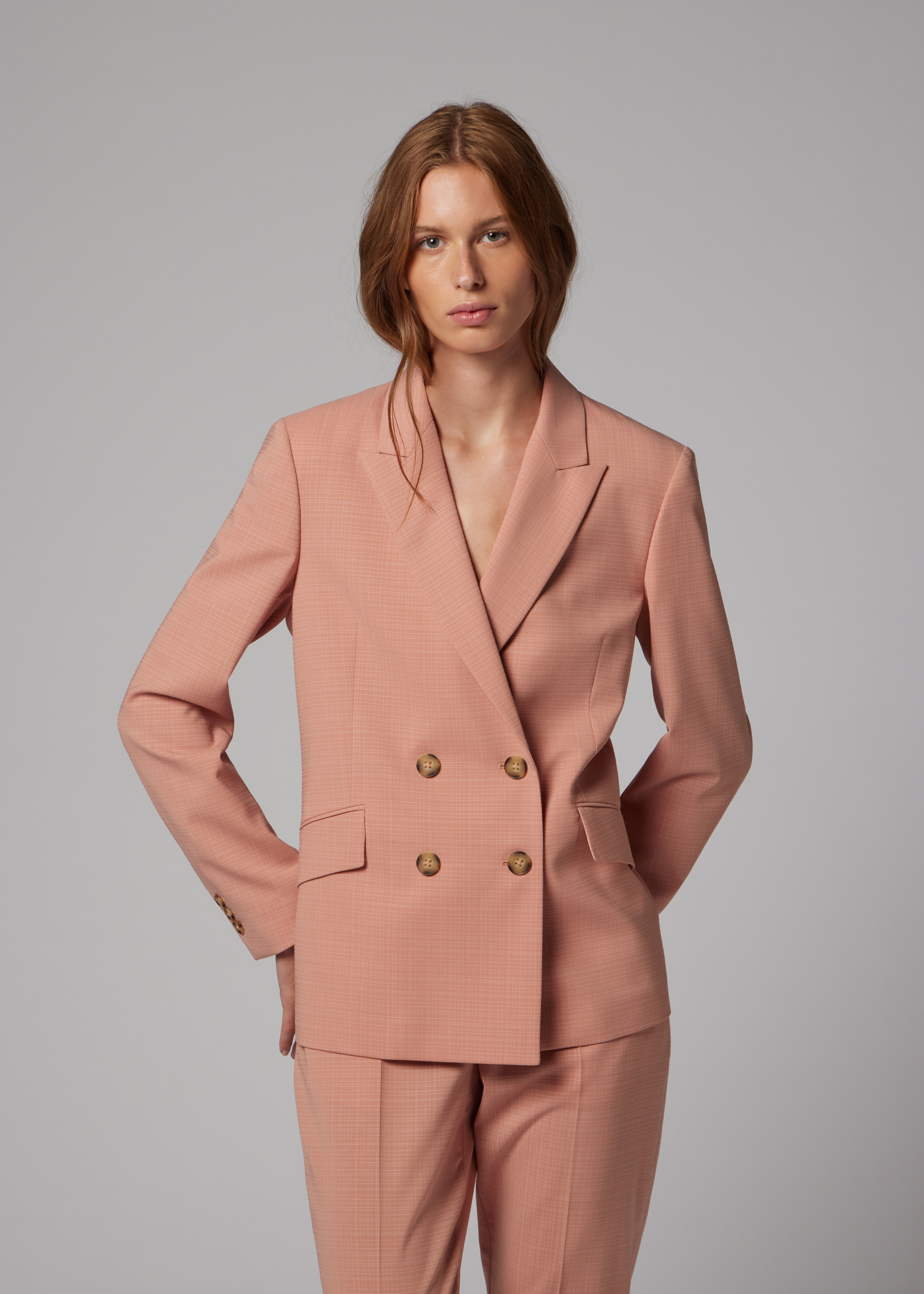 Women's Pink Cotton-Blend Double Breasted Blazer