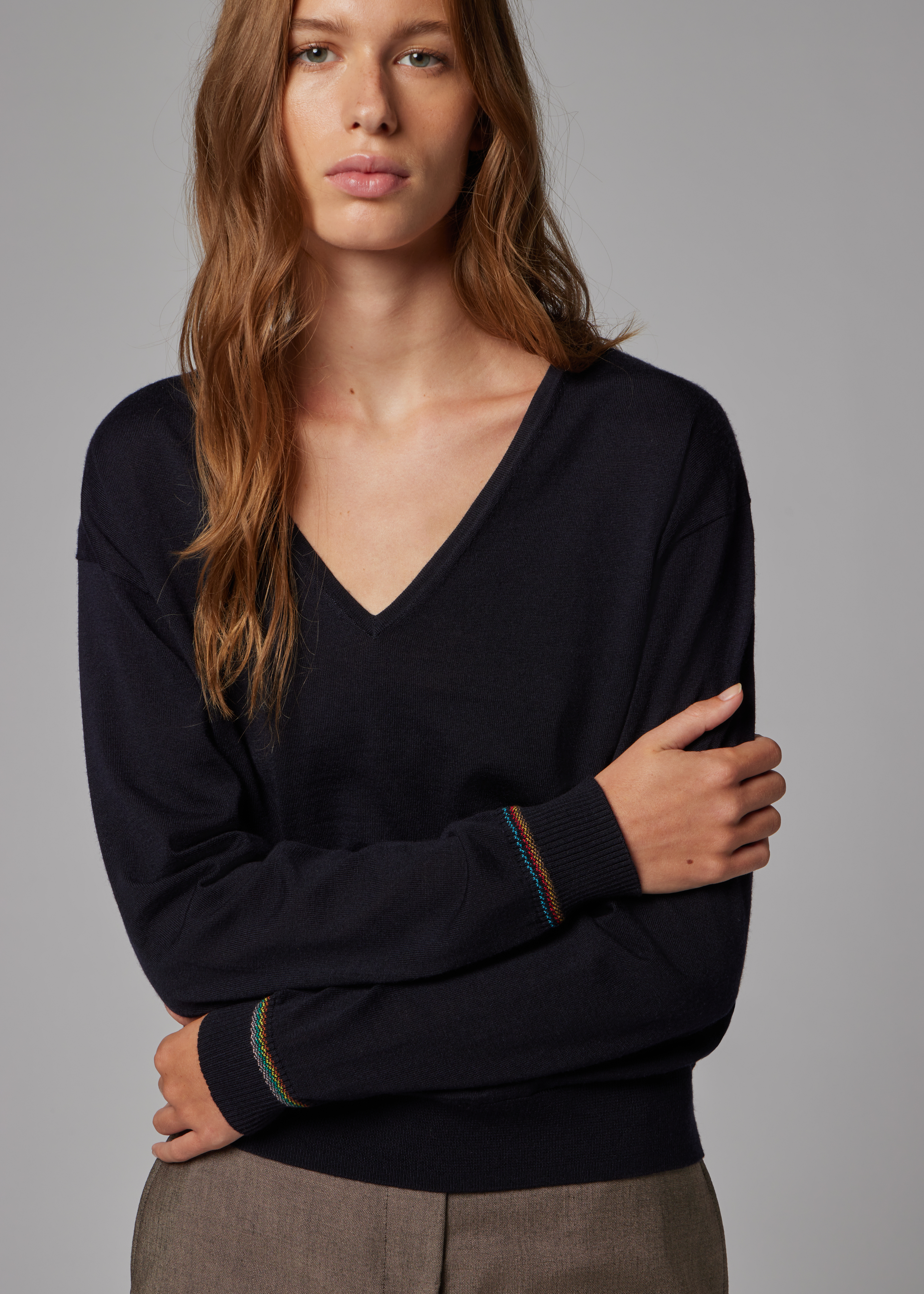 Women's Black Merino Wool V Neck Sweater