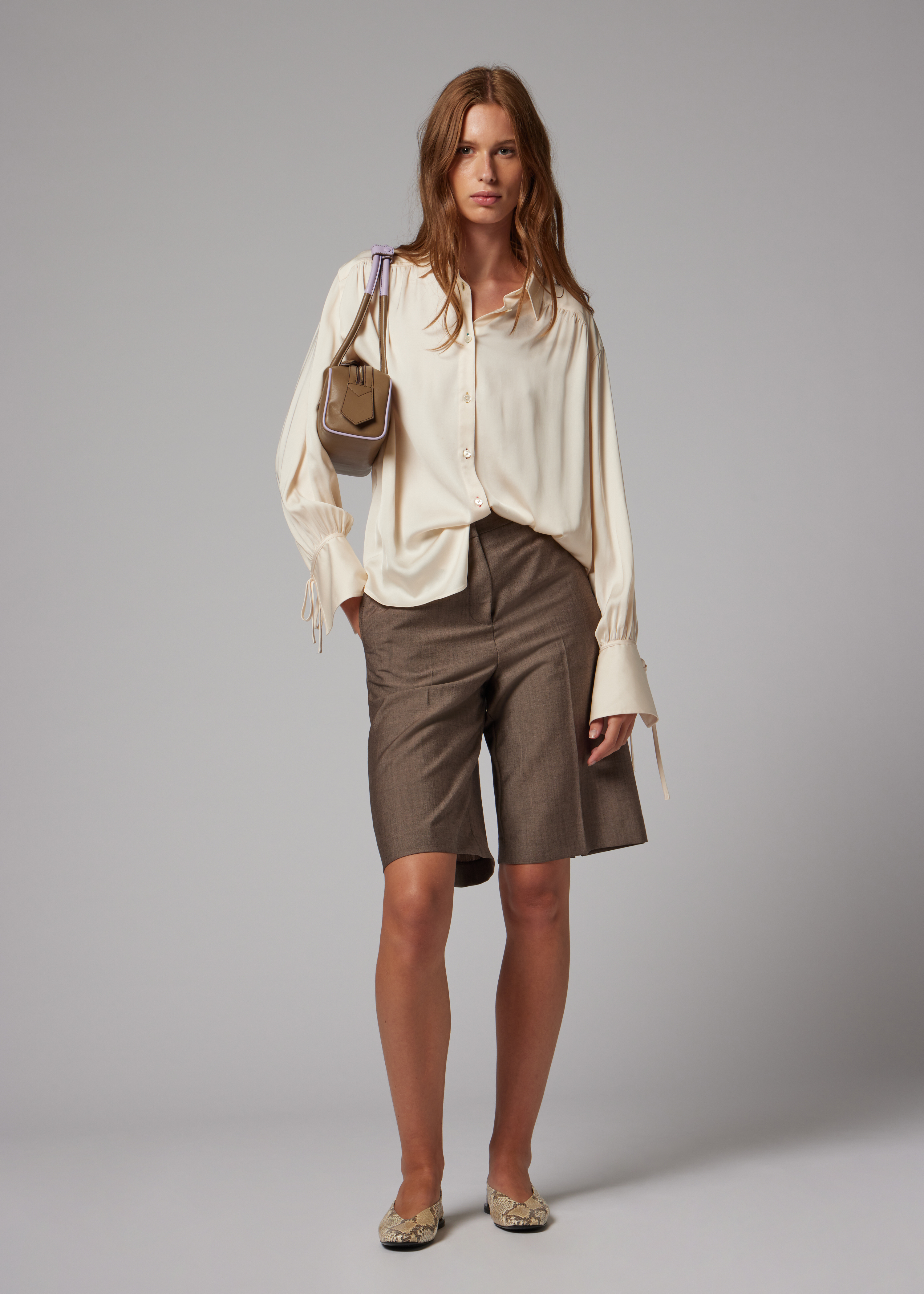 Women's Cream Gathered Blouse with Tie Sleeves