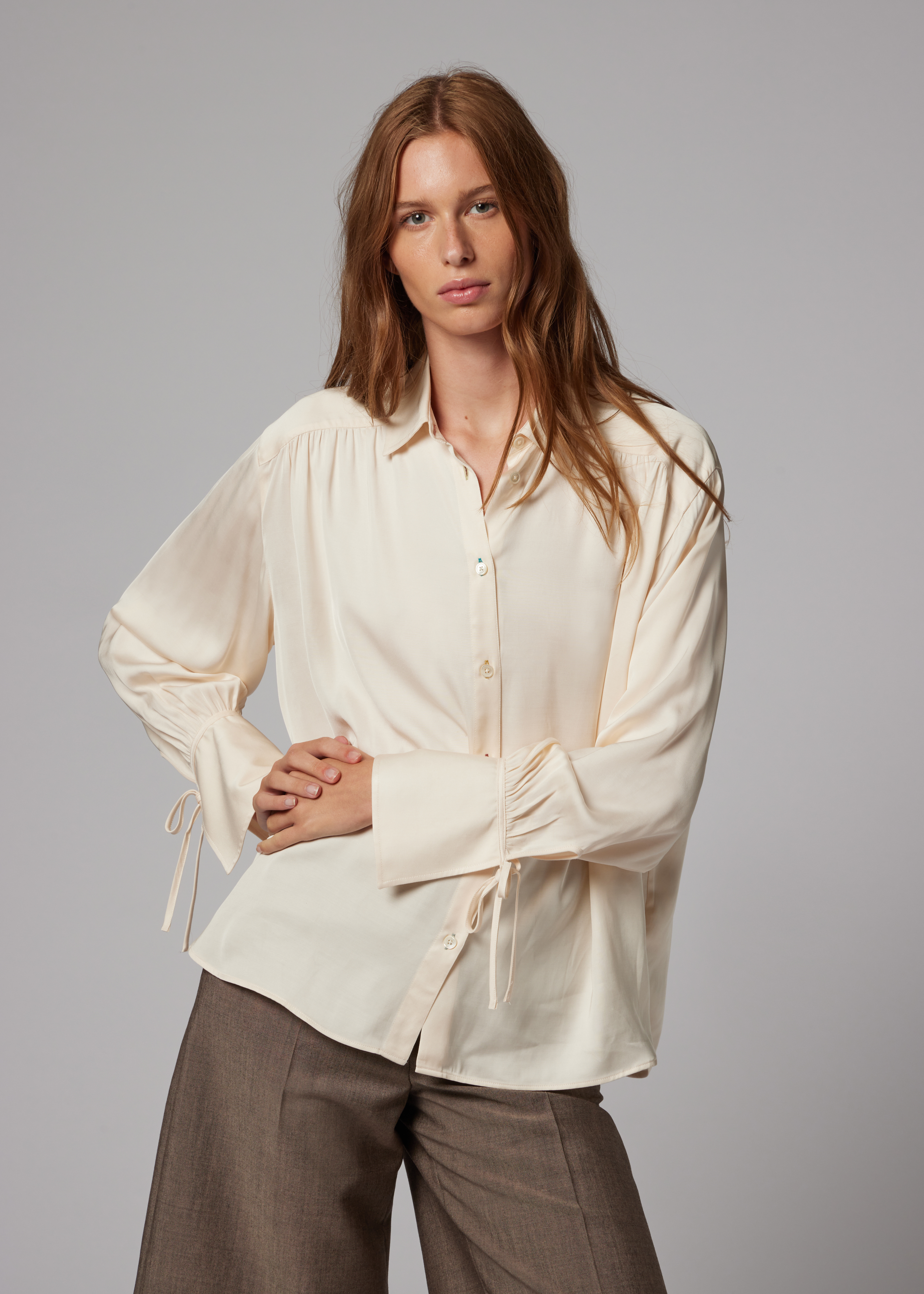 Women's Cream Gathered Blouse with Tie Sleeves