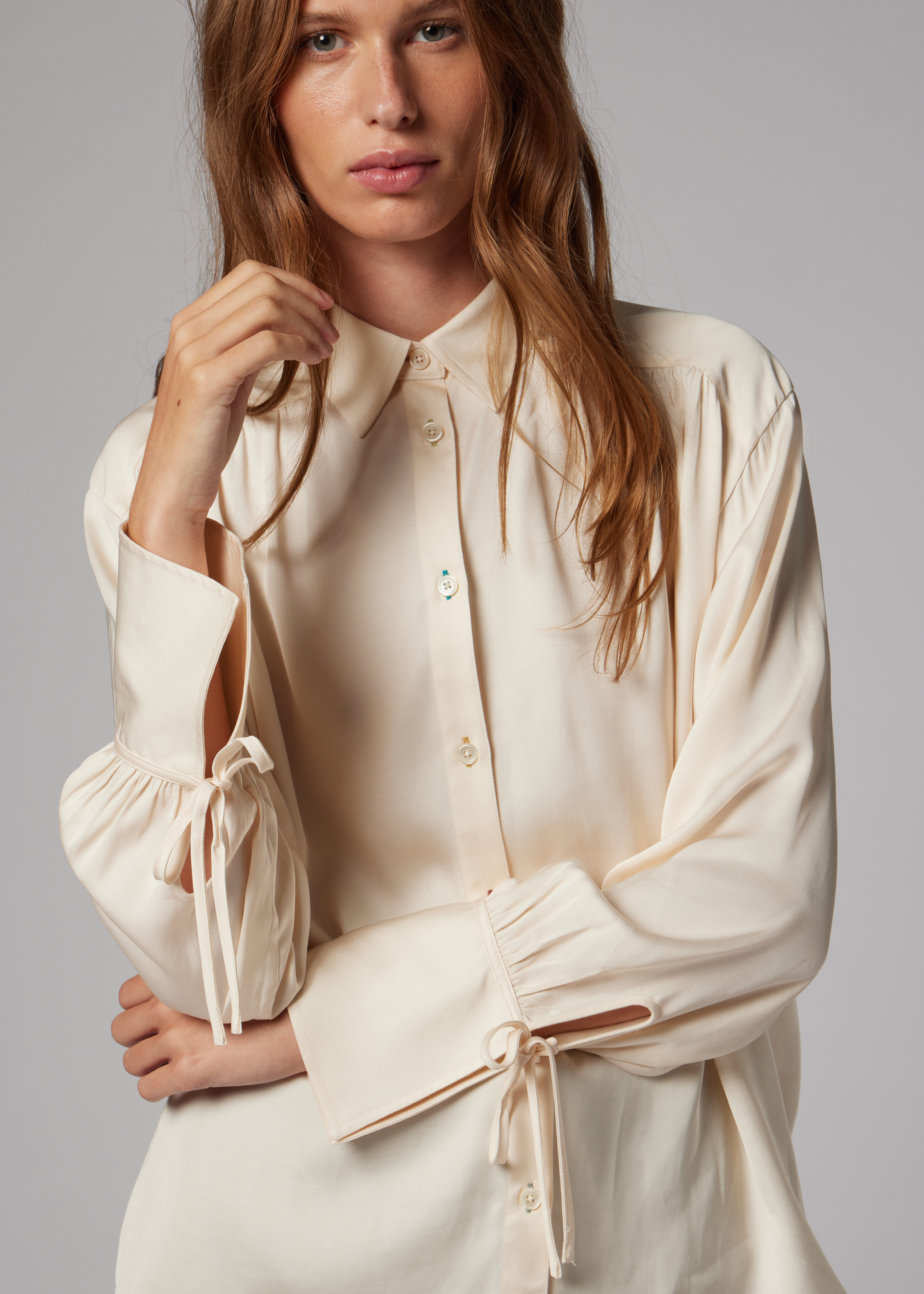 Women's Cream Gathered Blouse with Tie Sleeves