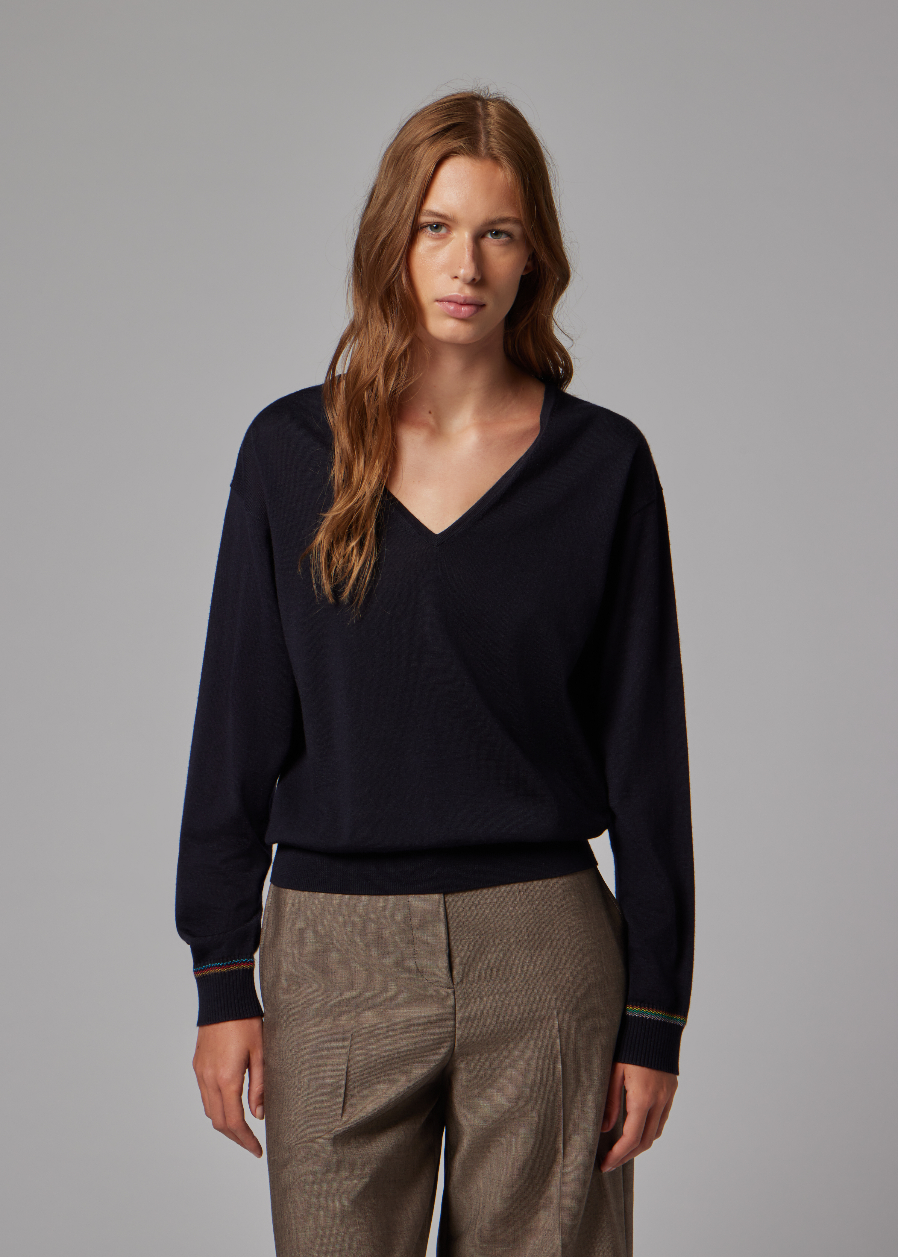 Women's Black Merino Wool V Neck Sweater