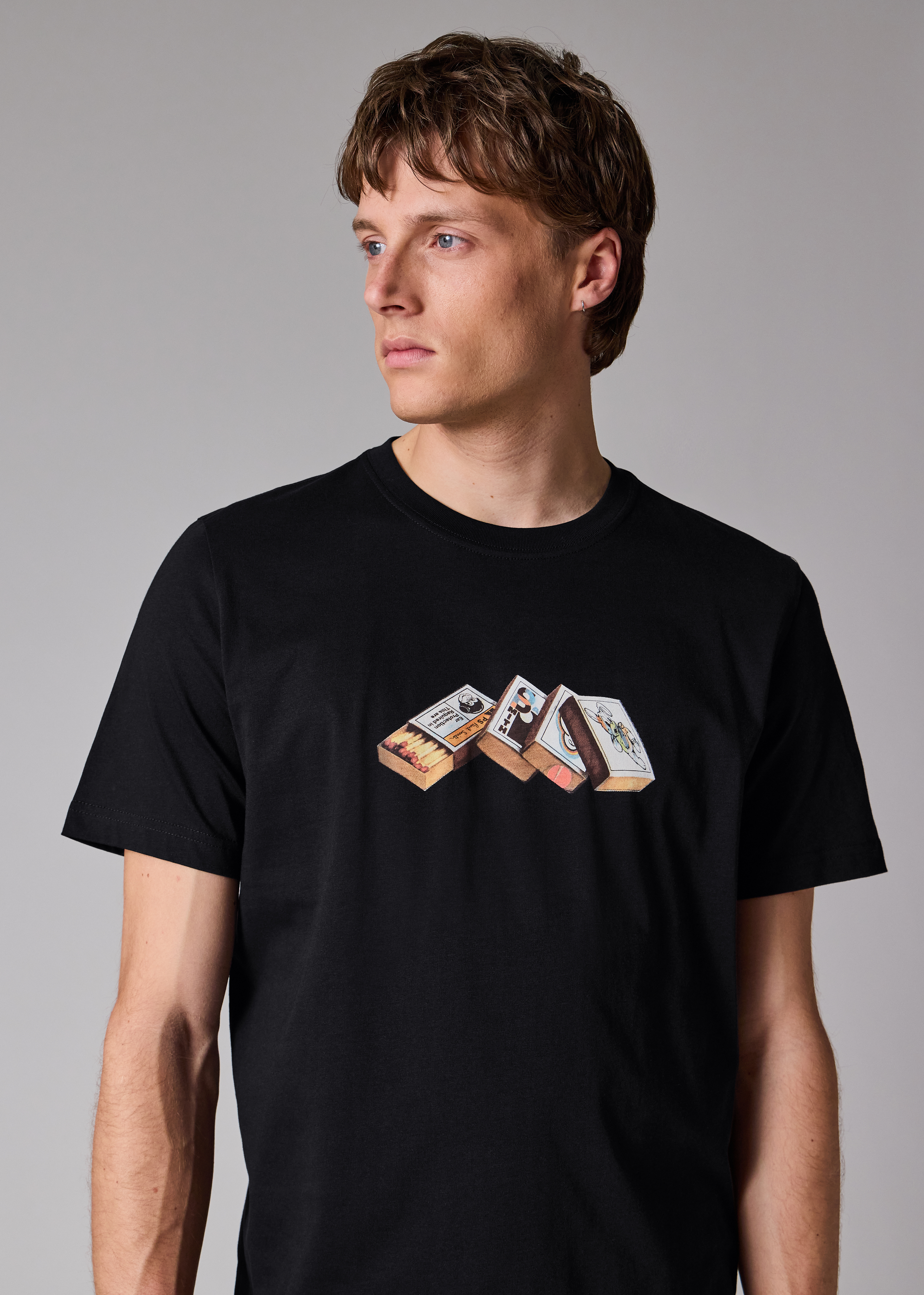 Black Cotton 'Matchboxes' Print T-Shirt
