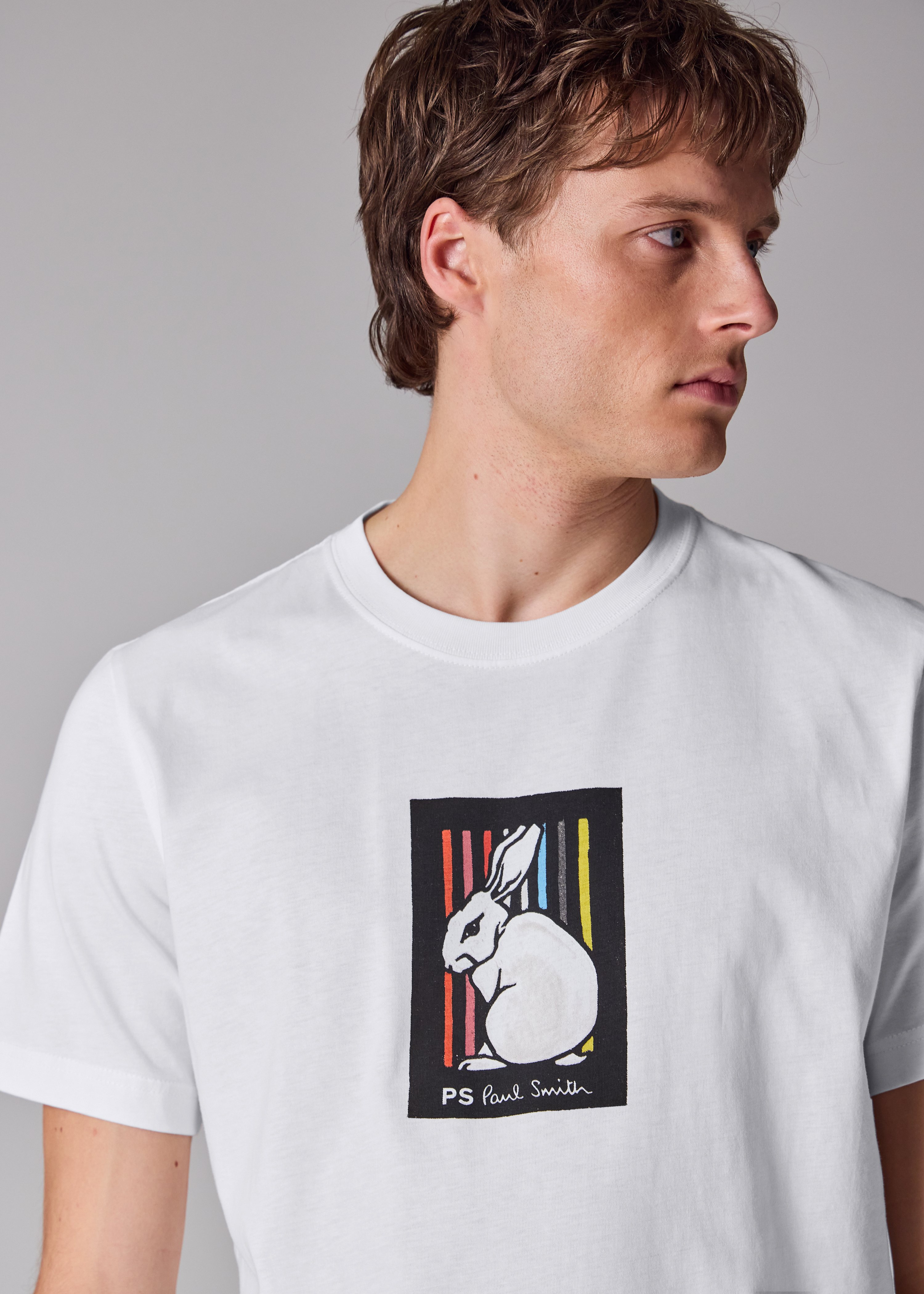 White Cotton 'Rabbit Stripe' Print T-Shirt