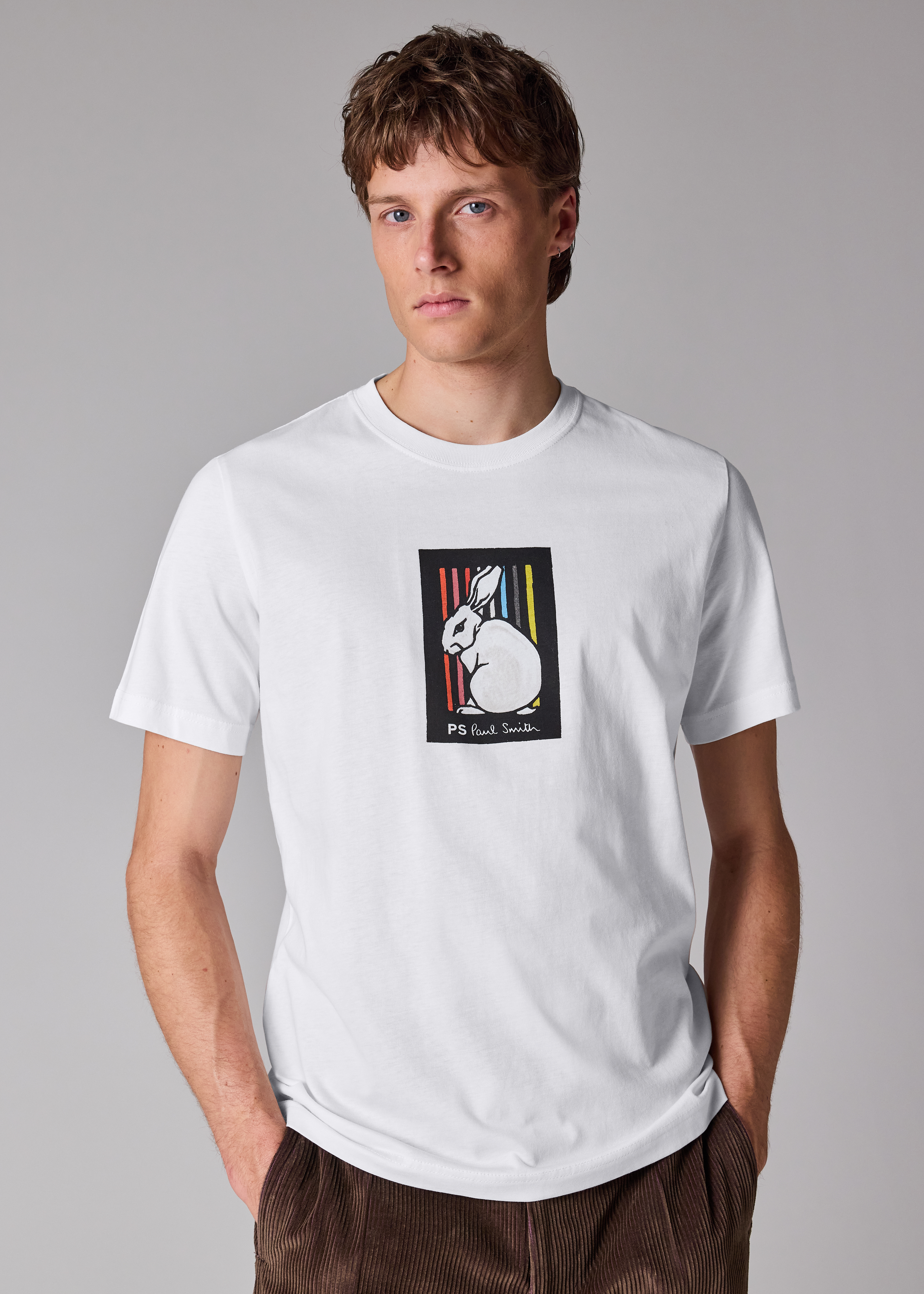 White Cotton 'Rabbit Stripe' Print T-Shirt