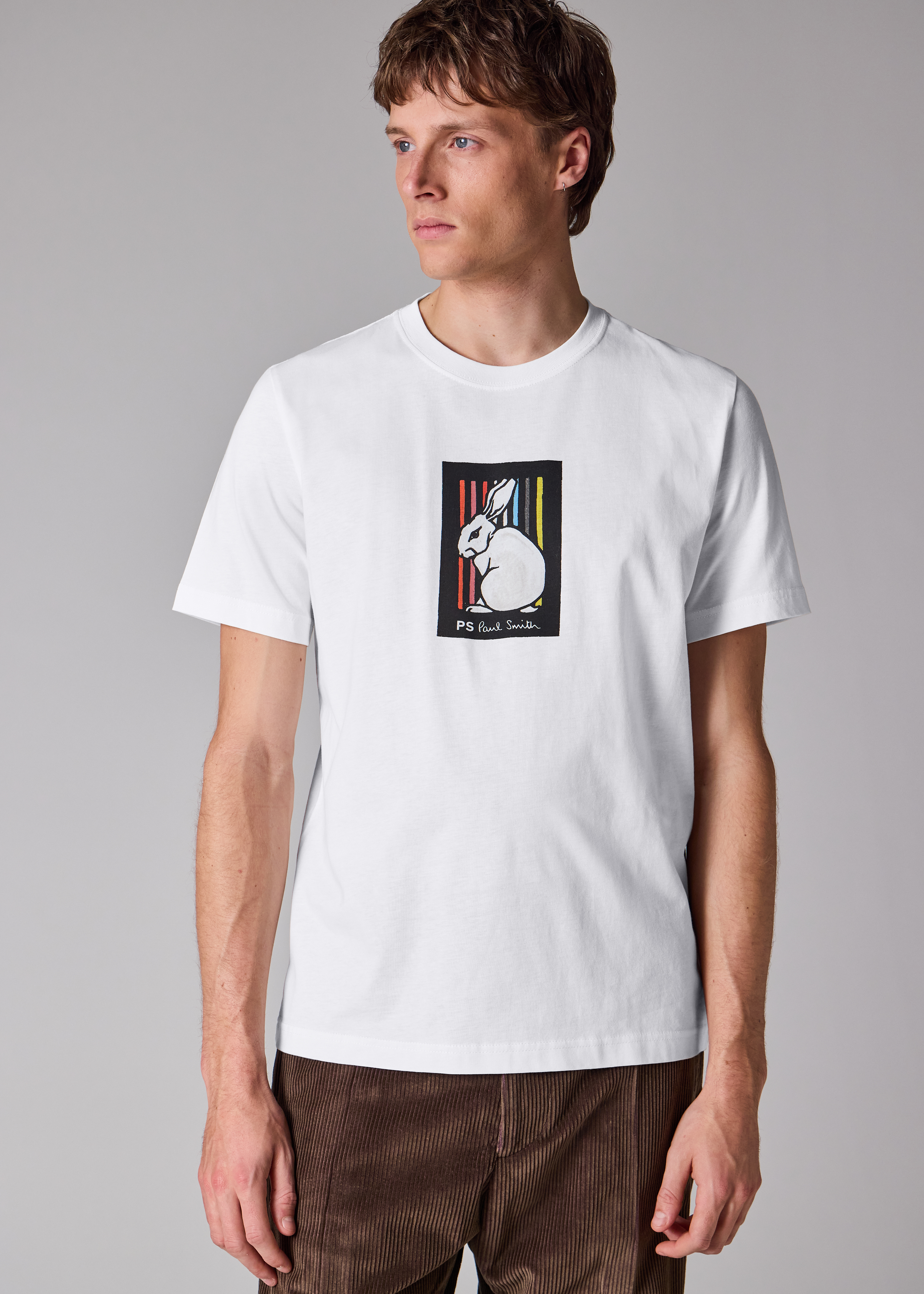 White Cotton 'Rabbit Stripe' Print T-Shirt