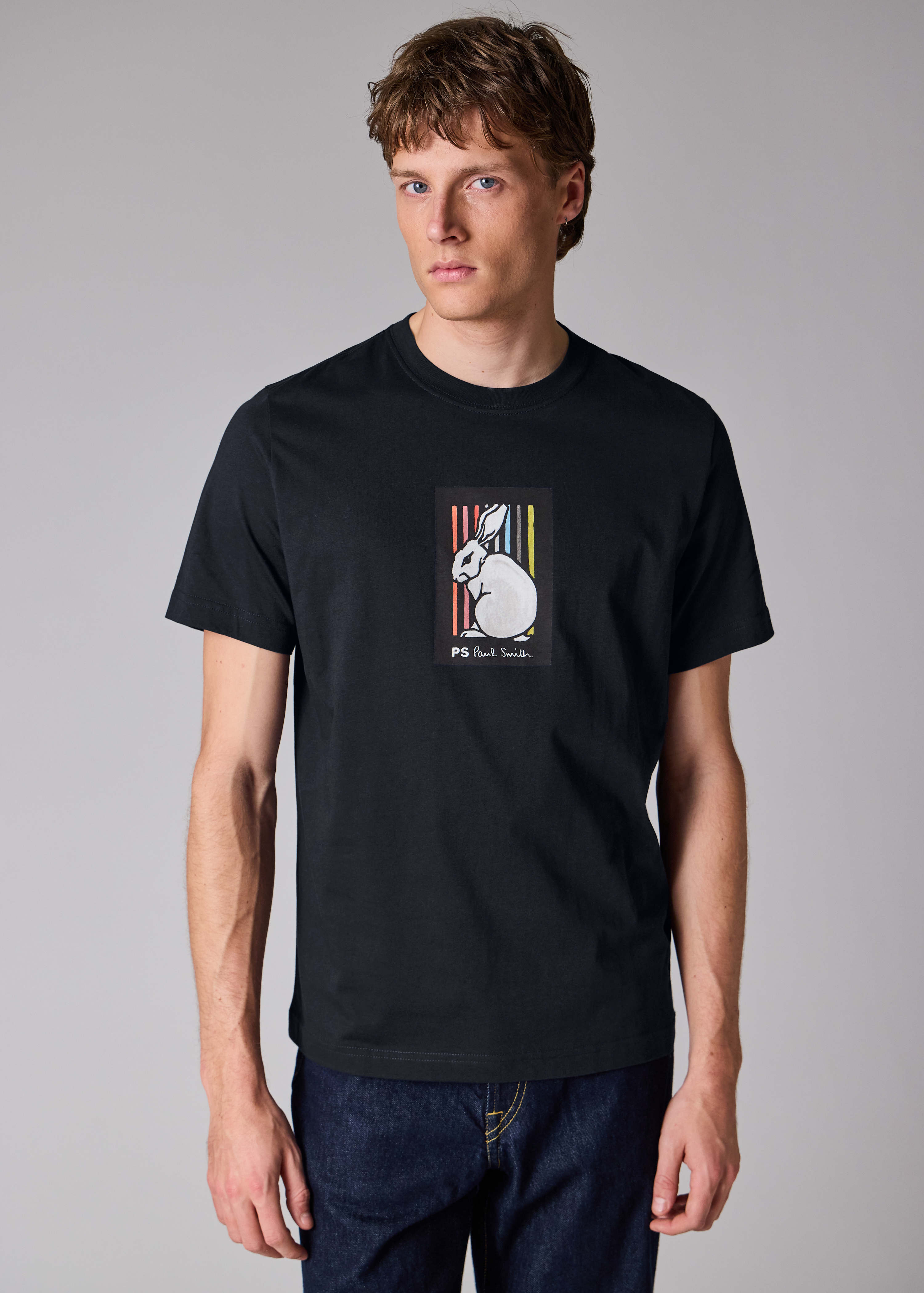Dark Navy Cotton 'Rabbit Stripe' Print T-Shirt