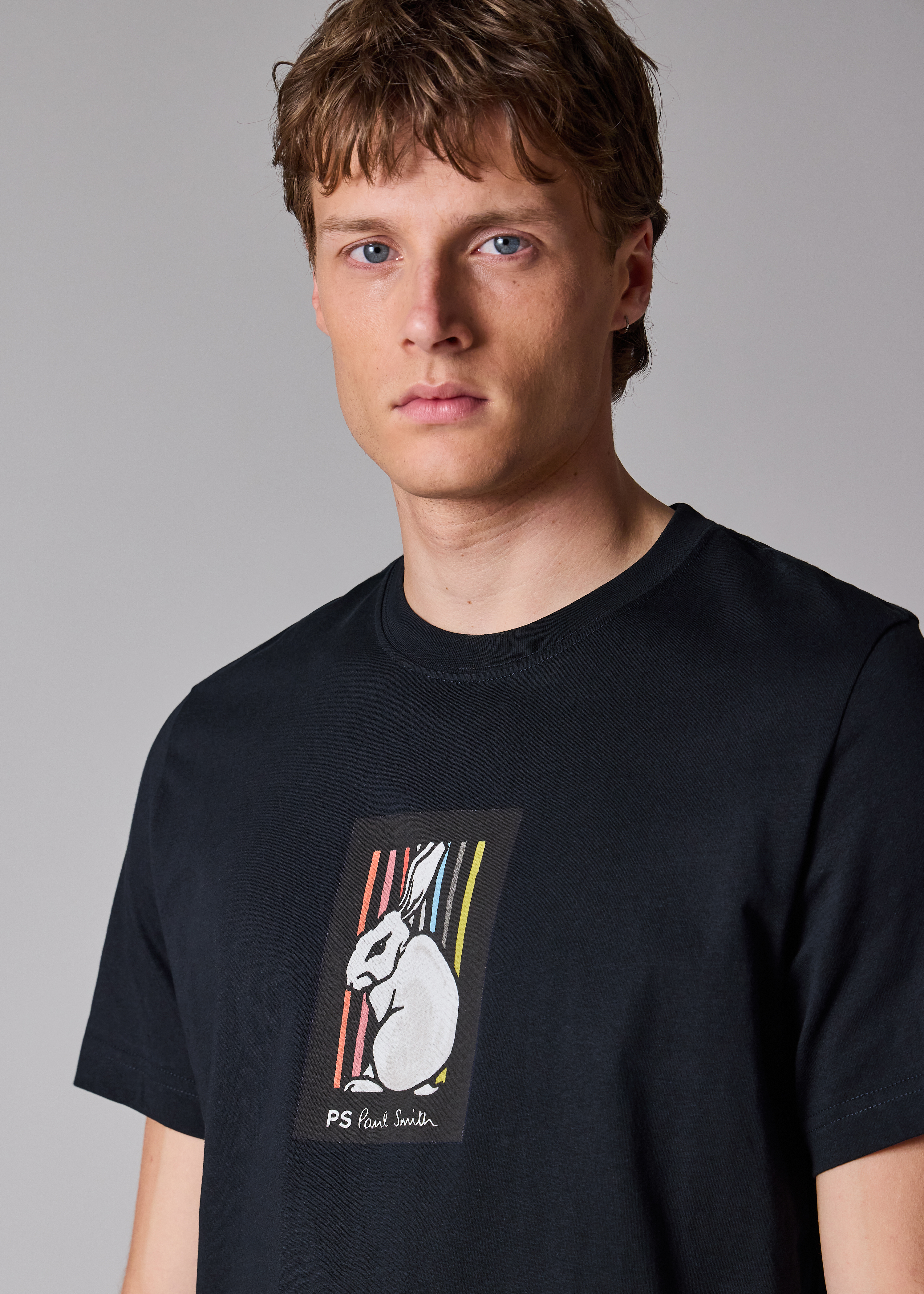 Dark Navy Cotton 'Rabbit Stripe' Print T-Shirt