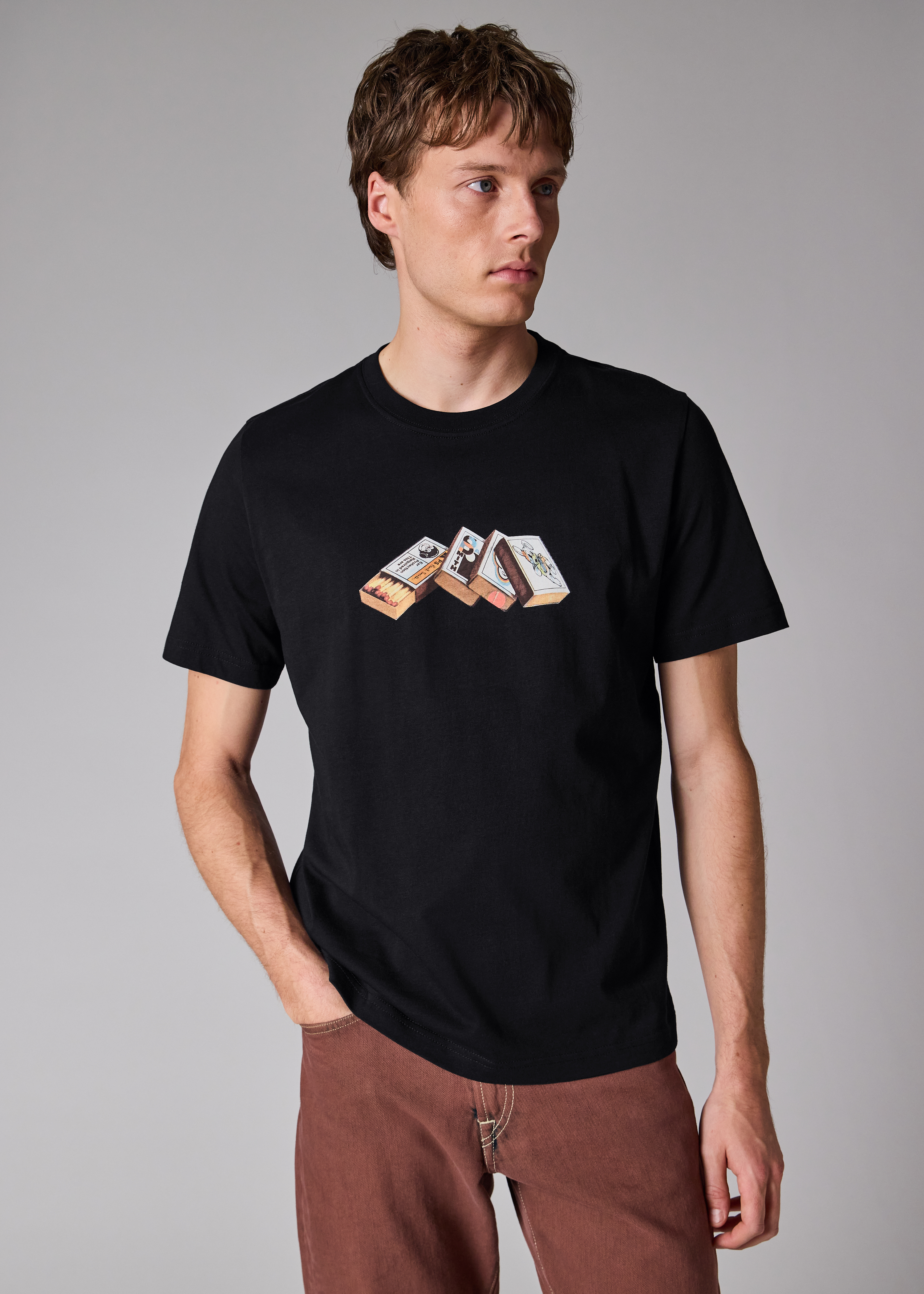 Black Cotton 'Matchboxes' Print T-Shirt