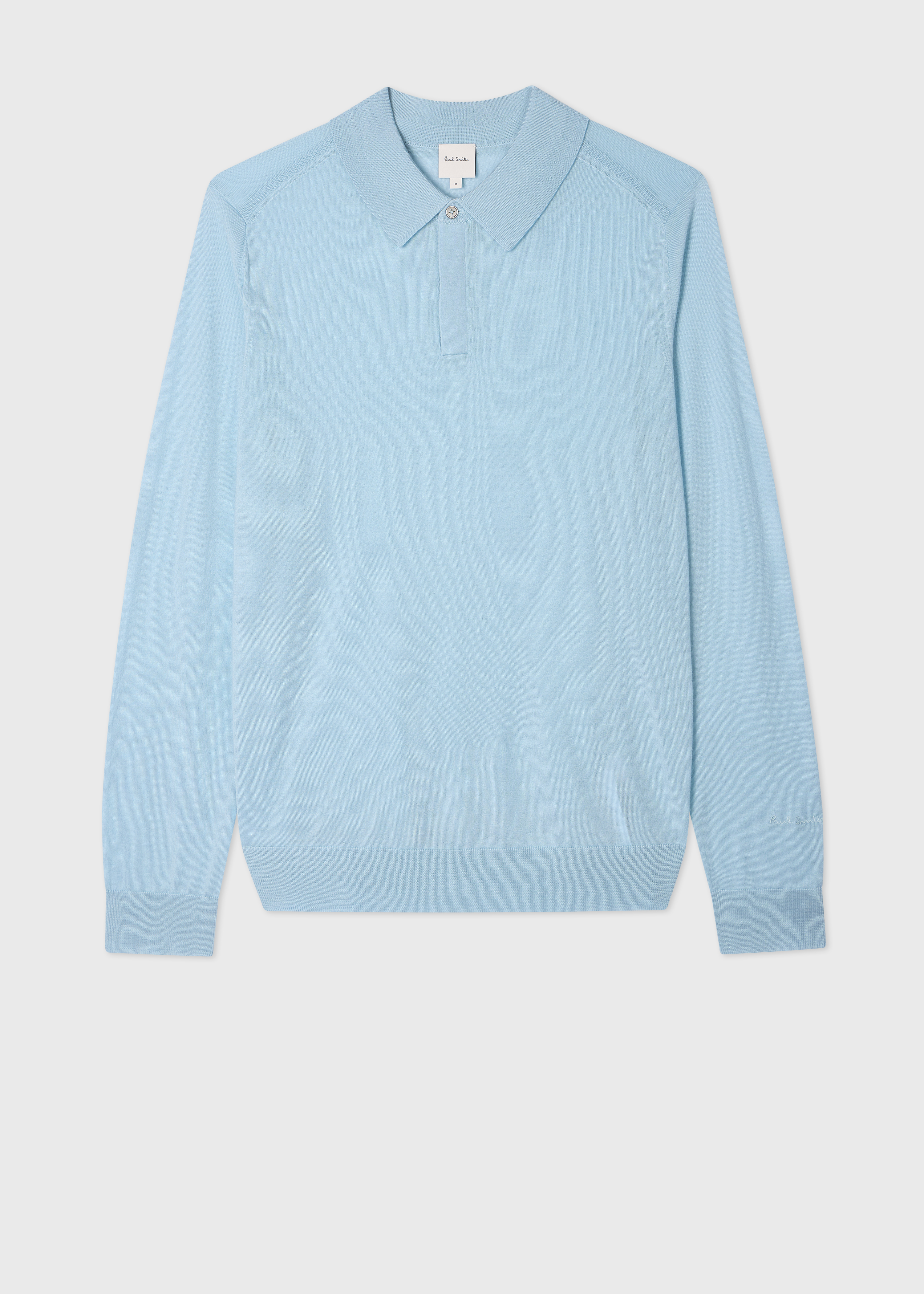 Sky Blue Merino Wool Knitted Long-Sleeve Polo Shirt