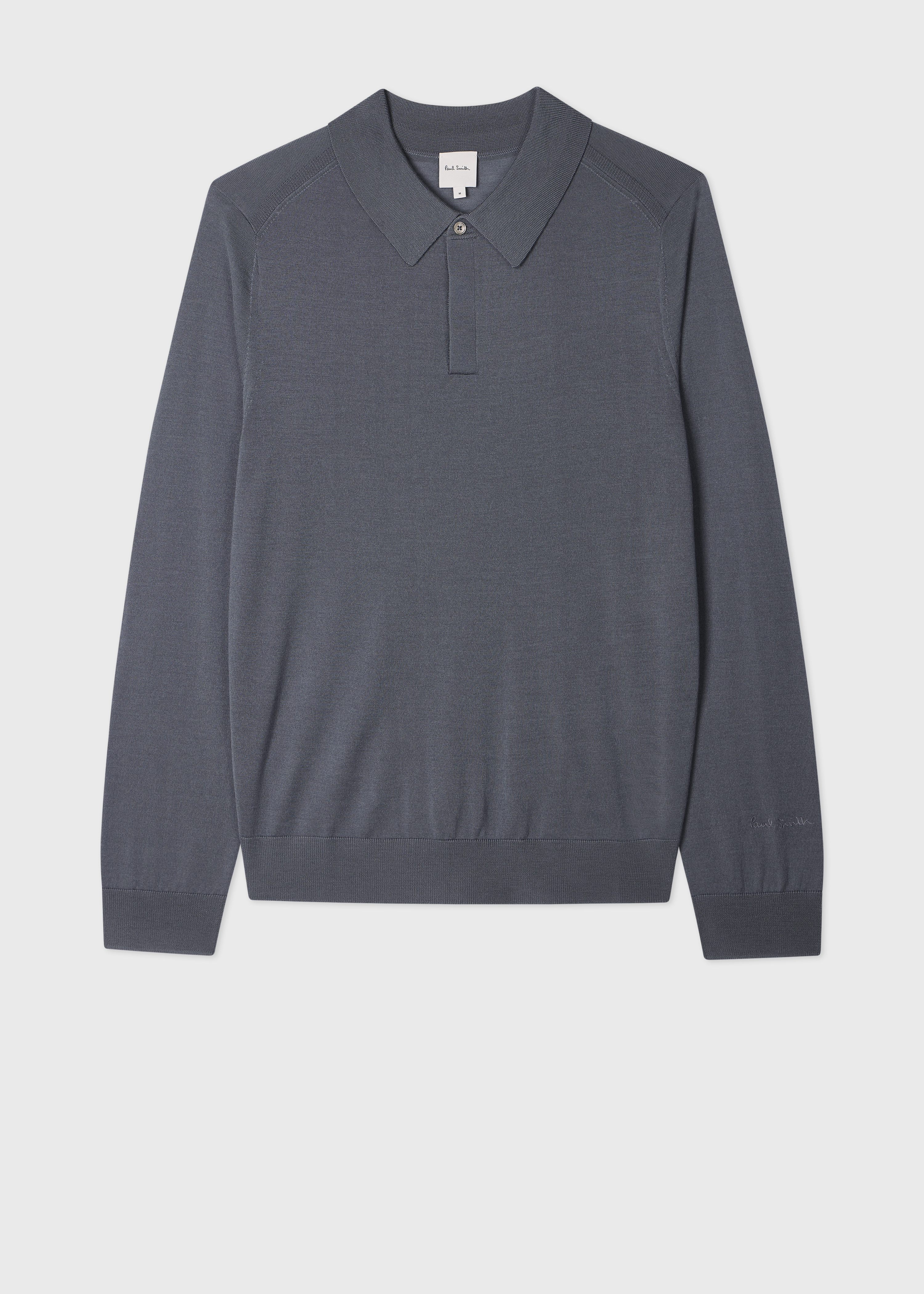 Steel Blue Merino Wool Knitted Long-Sleeve Polo Shirt