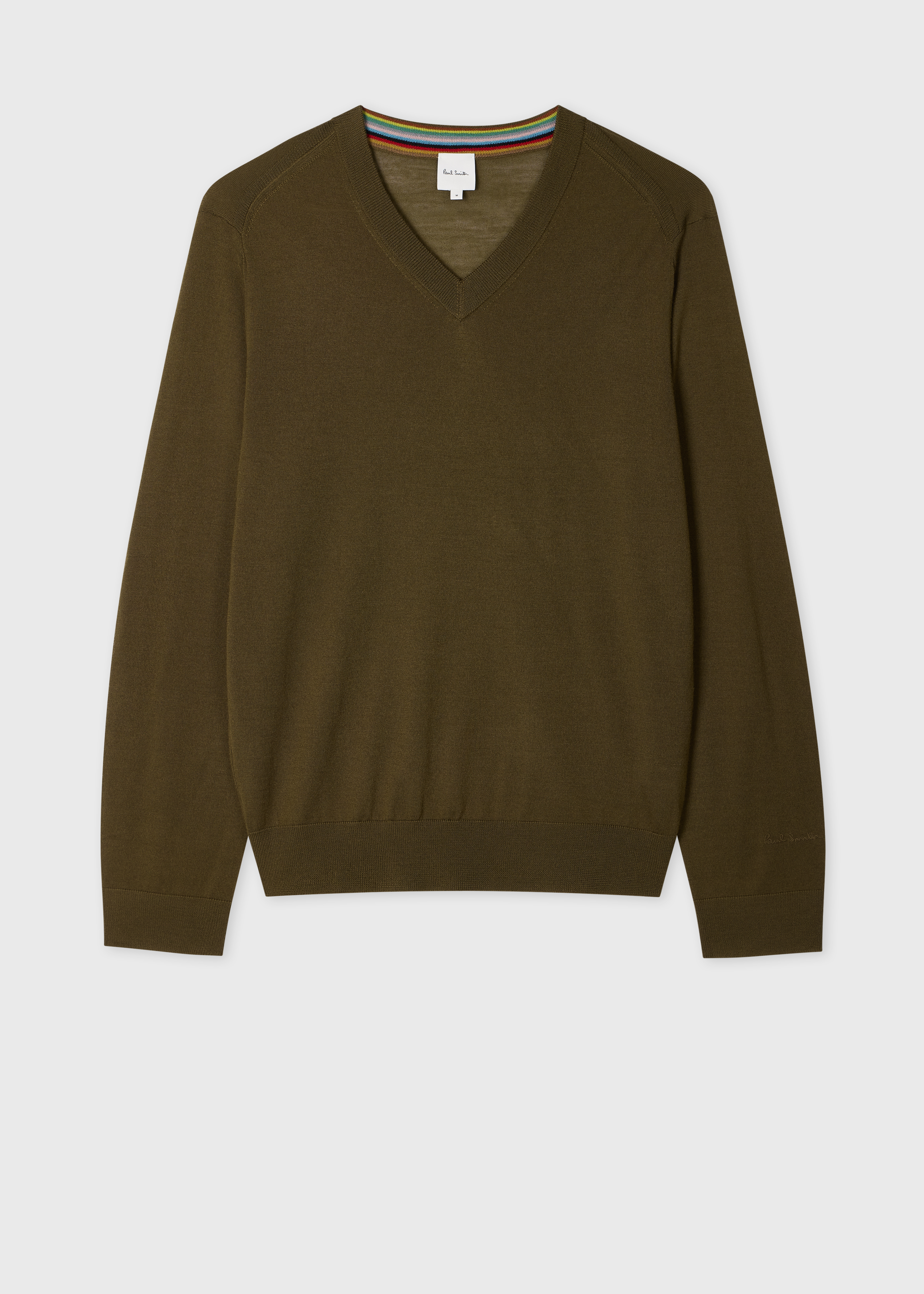 Khaki Green Merino Wool V-Neck Sweater