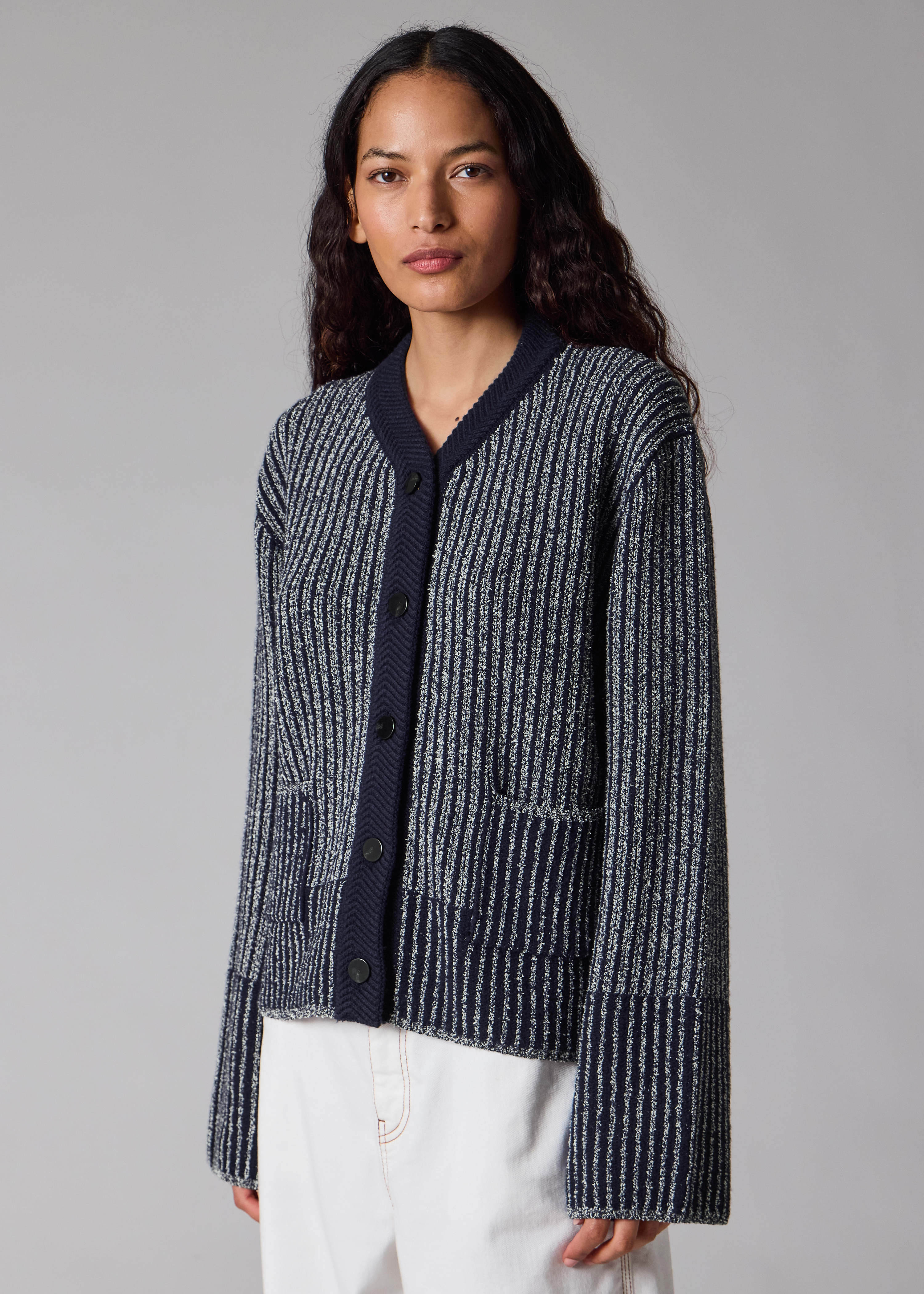 Women's Navy Wool-Blend Ribbed Knit Cardigan