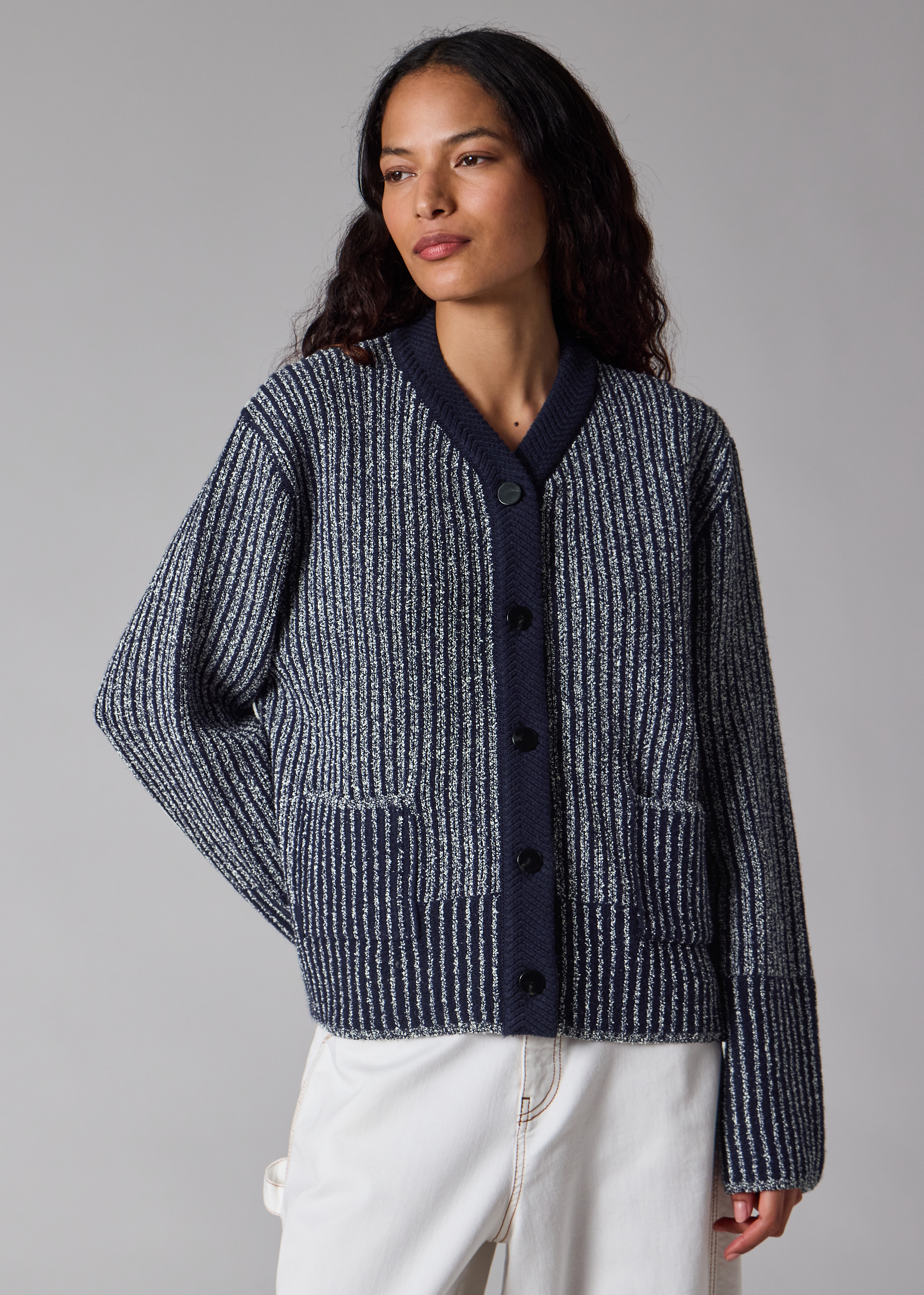 Women's Navy Wool-Blend Ribbed Knit Cardigan