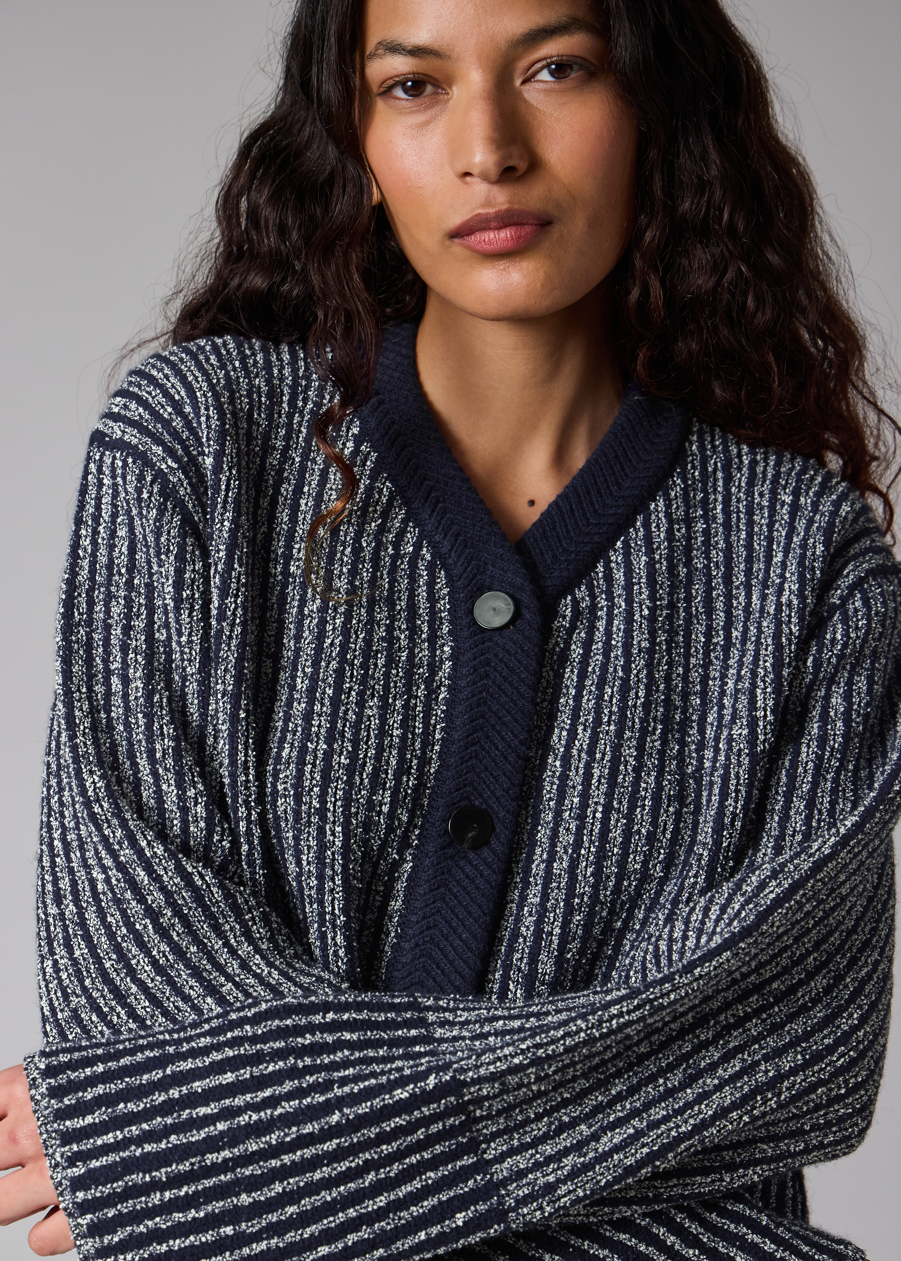 Women's Navy Wool-Blend Ribbed Knit Cardigan