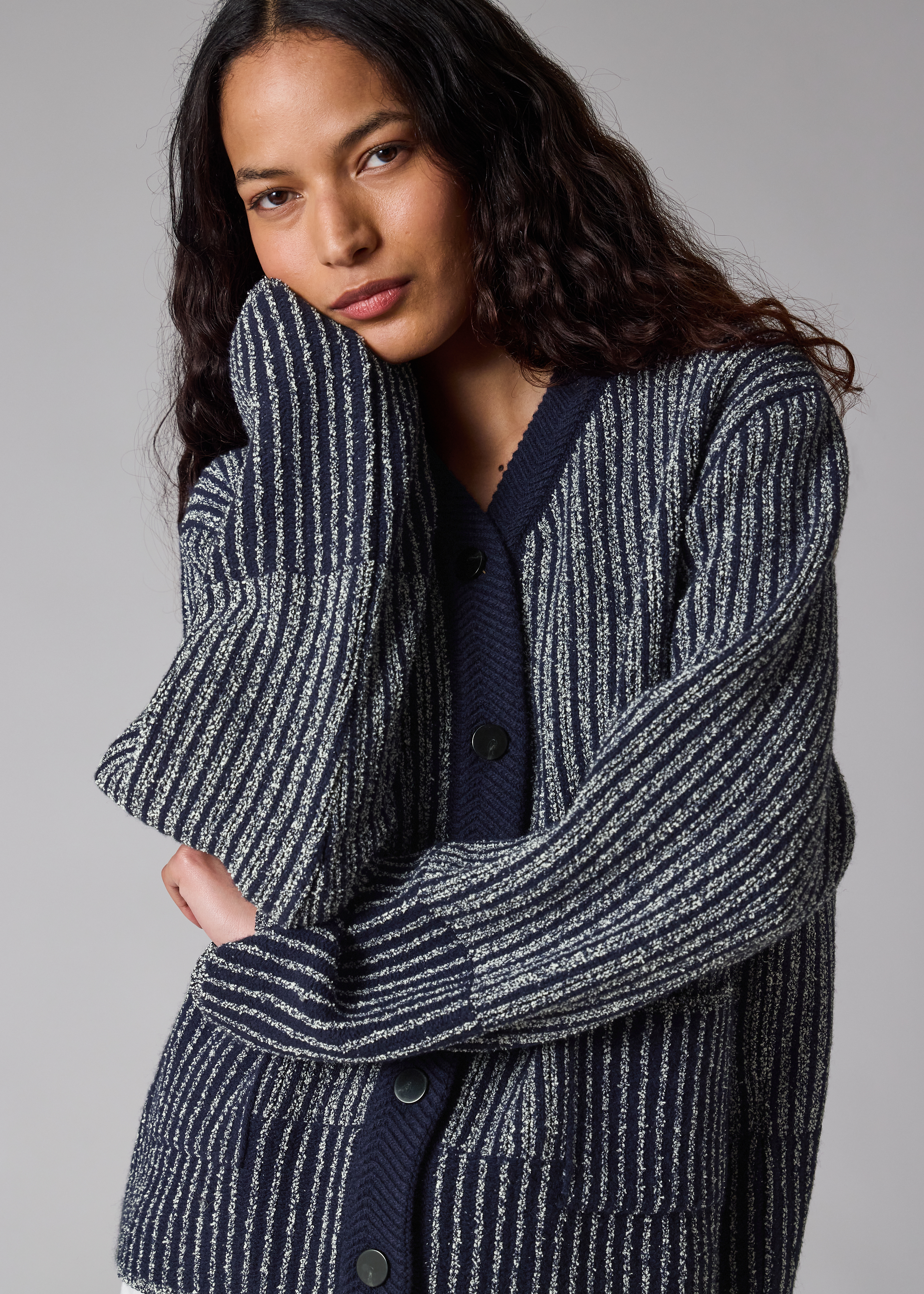 Women's Navy Wool-Blend Ribbed Knit Cardigan