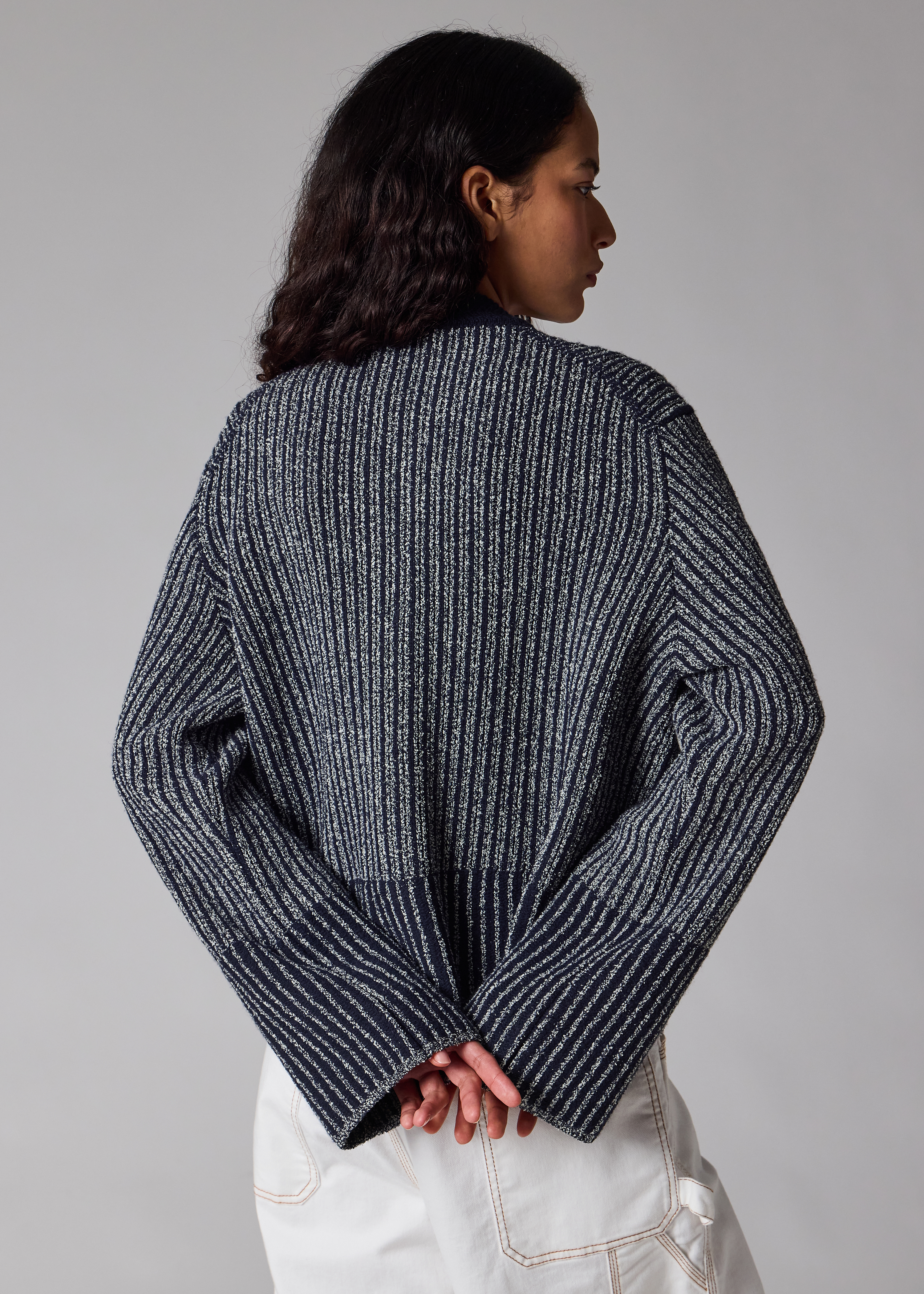 Women's Navy Wool-Blend Ribbed Knit Cardigan